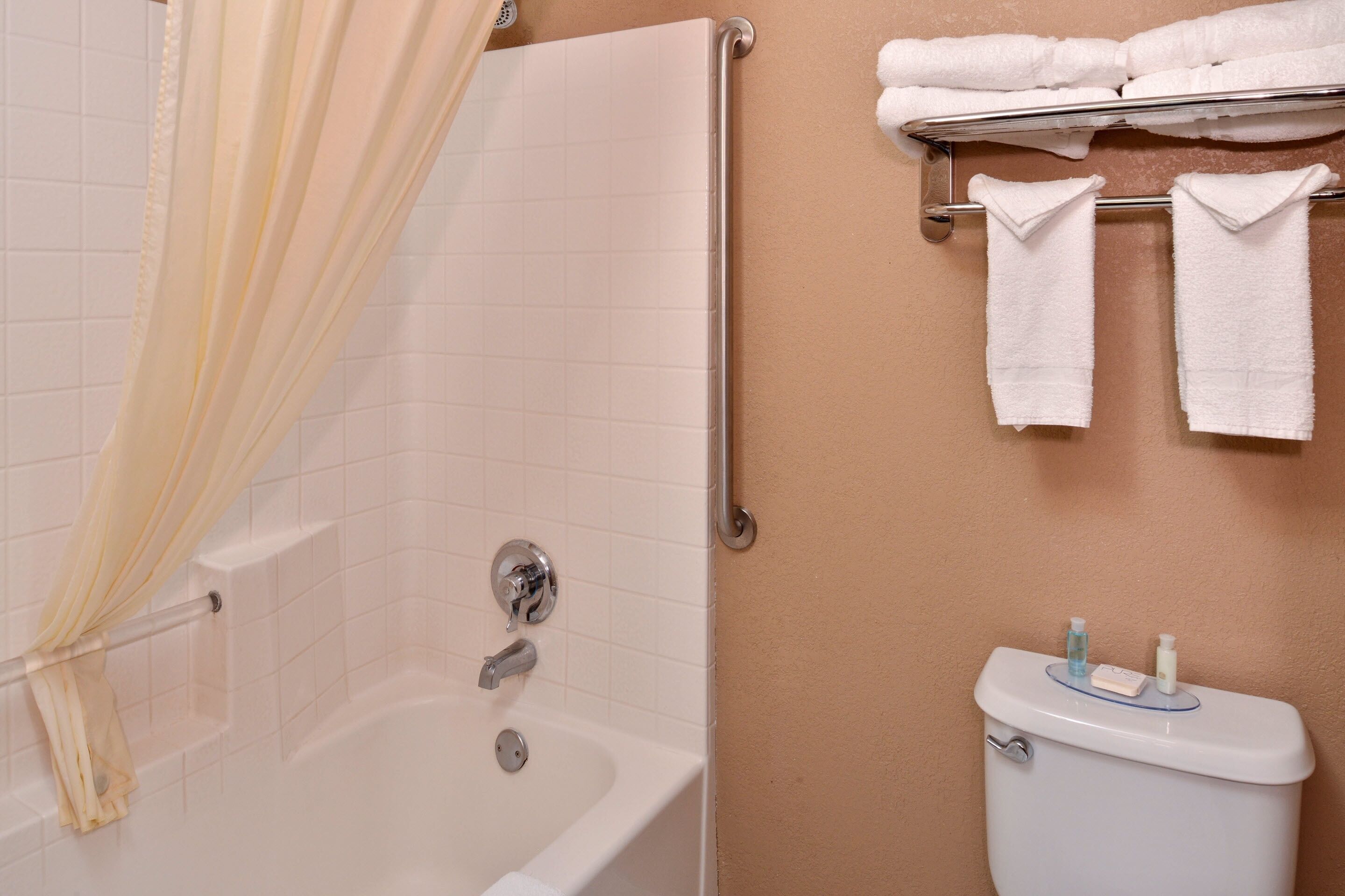 combined shower/bathtub, free toiletries, hair dryer, towels