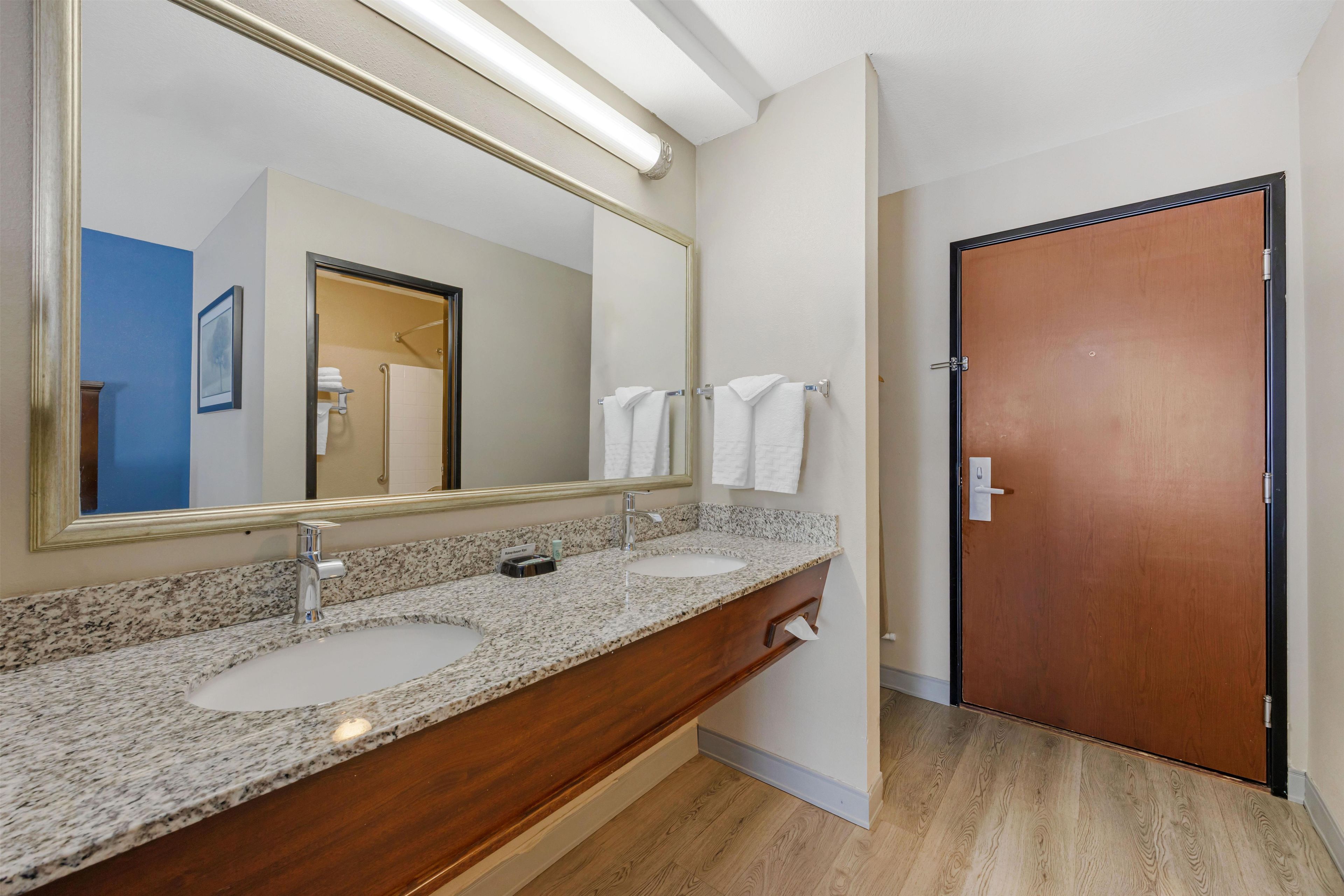 A bathroom with a double sink vanity, a large mirror, and a wooden door.