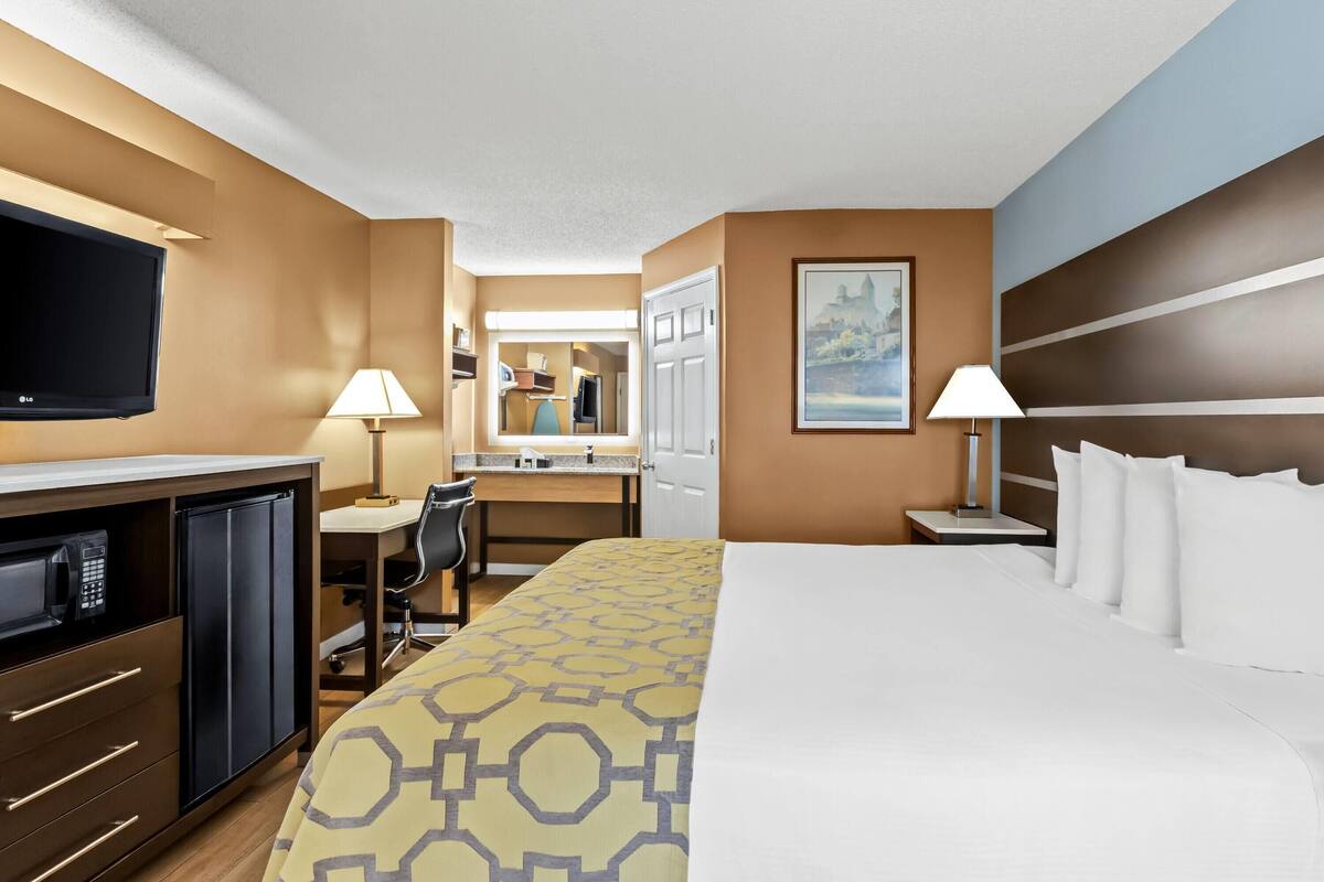 A hotel room with a bed, desk, chair, TV, and a microwave.
