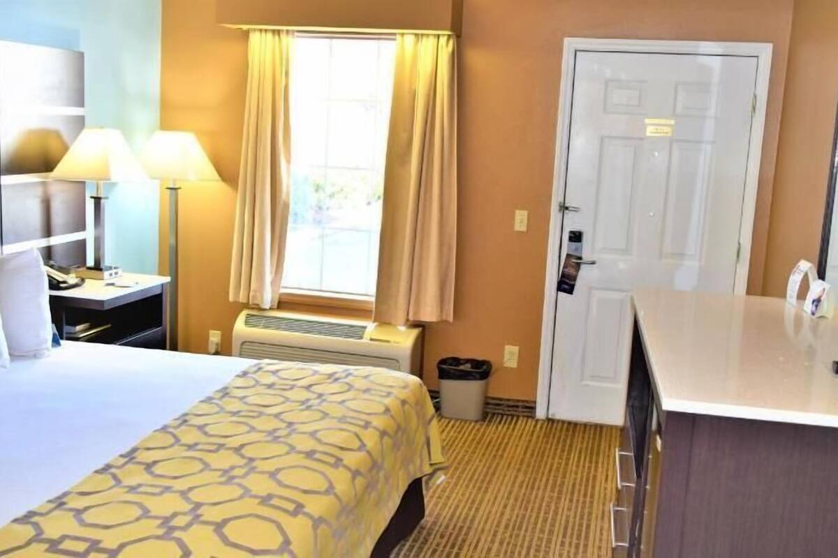 A hotel room with a bed, bedside table, lamp, window with curtains, desk, chair, and a television.