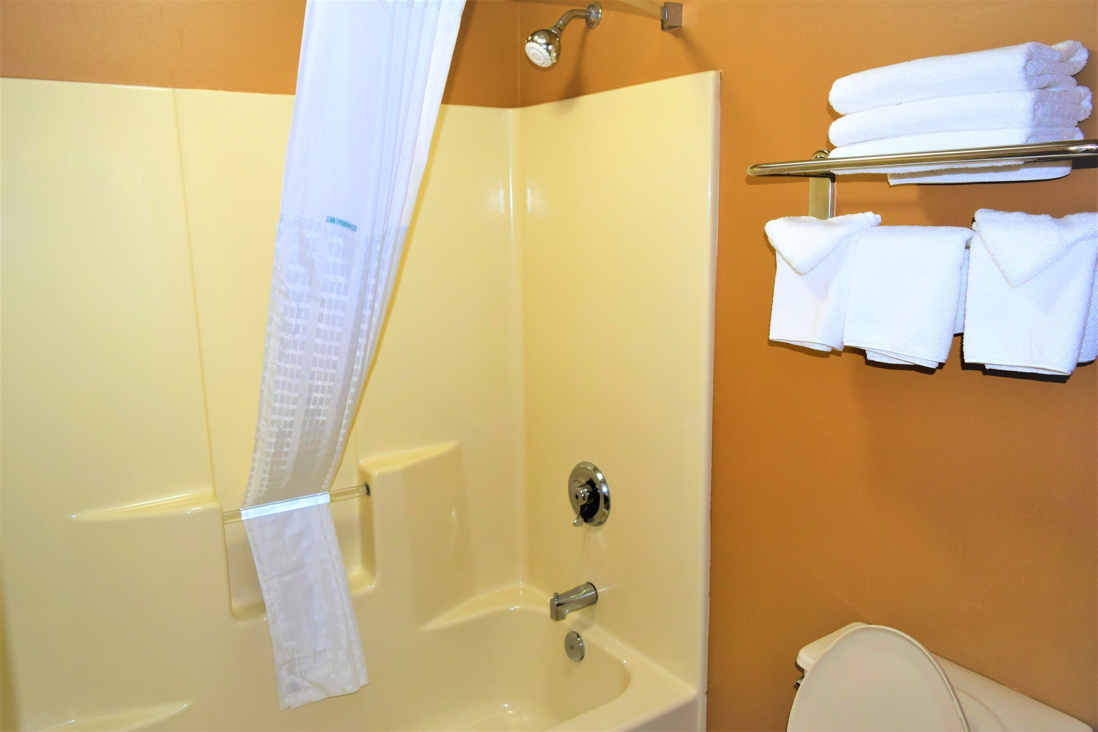 Ein Badezimmer mit einer Badewanne, einer Duschvorhang und einem Handtuchhalter mit gefalteten Handtüchern.