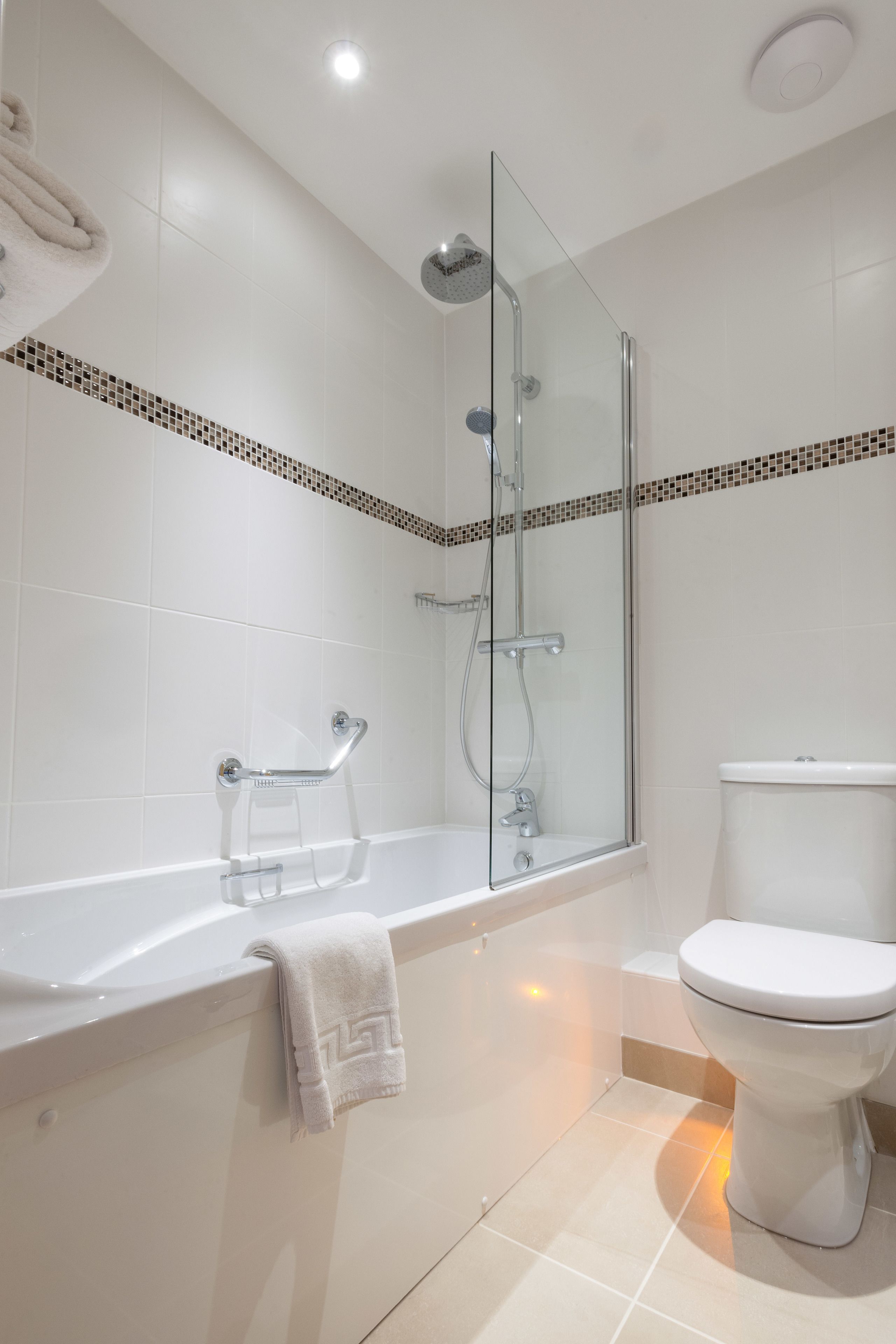 A modern bathroom with a glass-enclosed shower, a white bathtub, and a toilet.