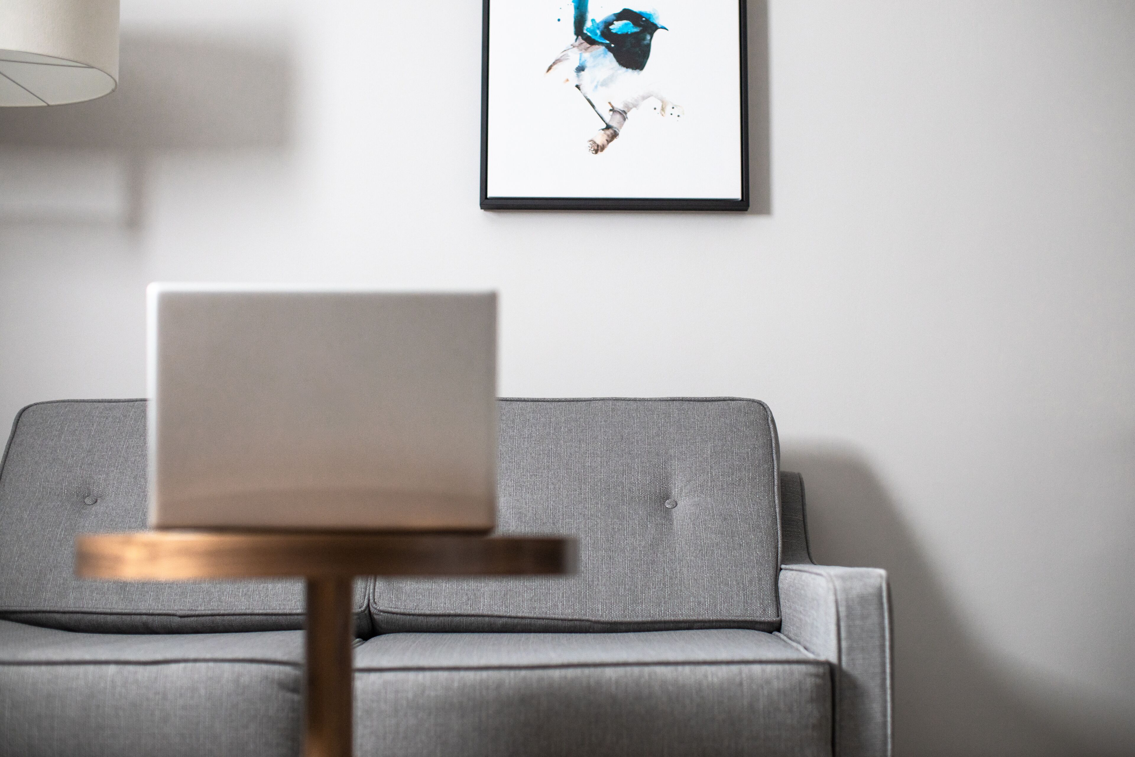 A modern living room with a grey sofa, a framed artwork on the wall, and a laptop on a wooden stand.