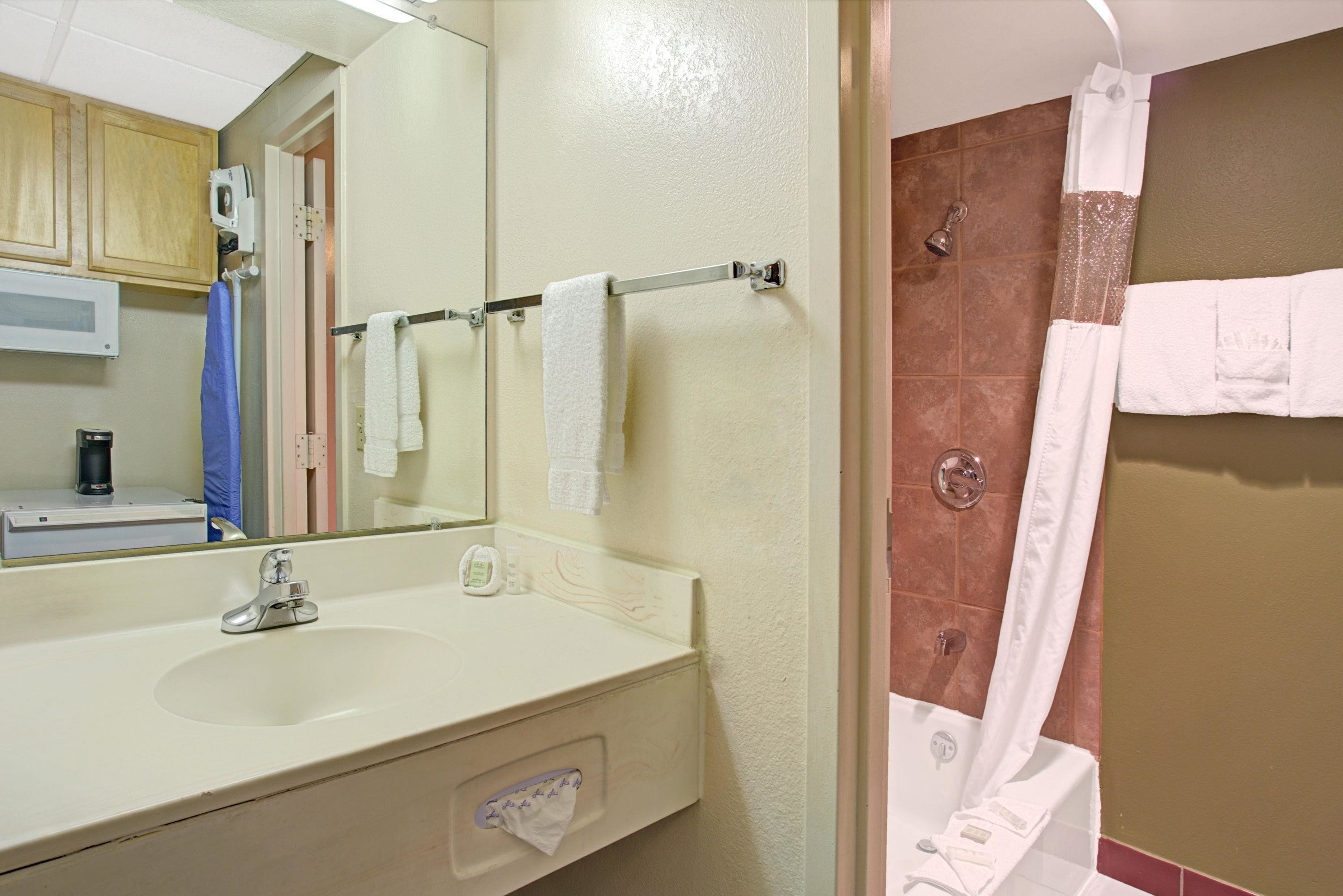 Combined shower/bathtub, free toiletries, hair dryer, towels
