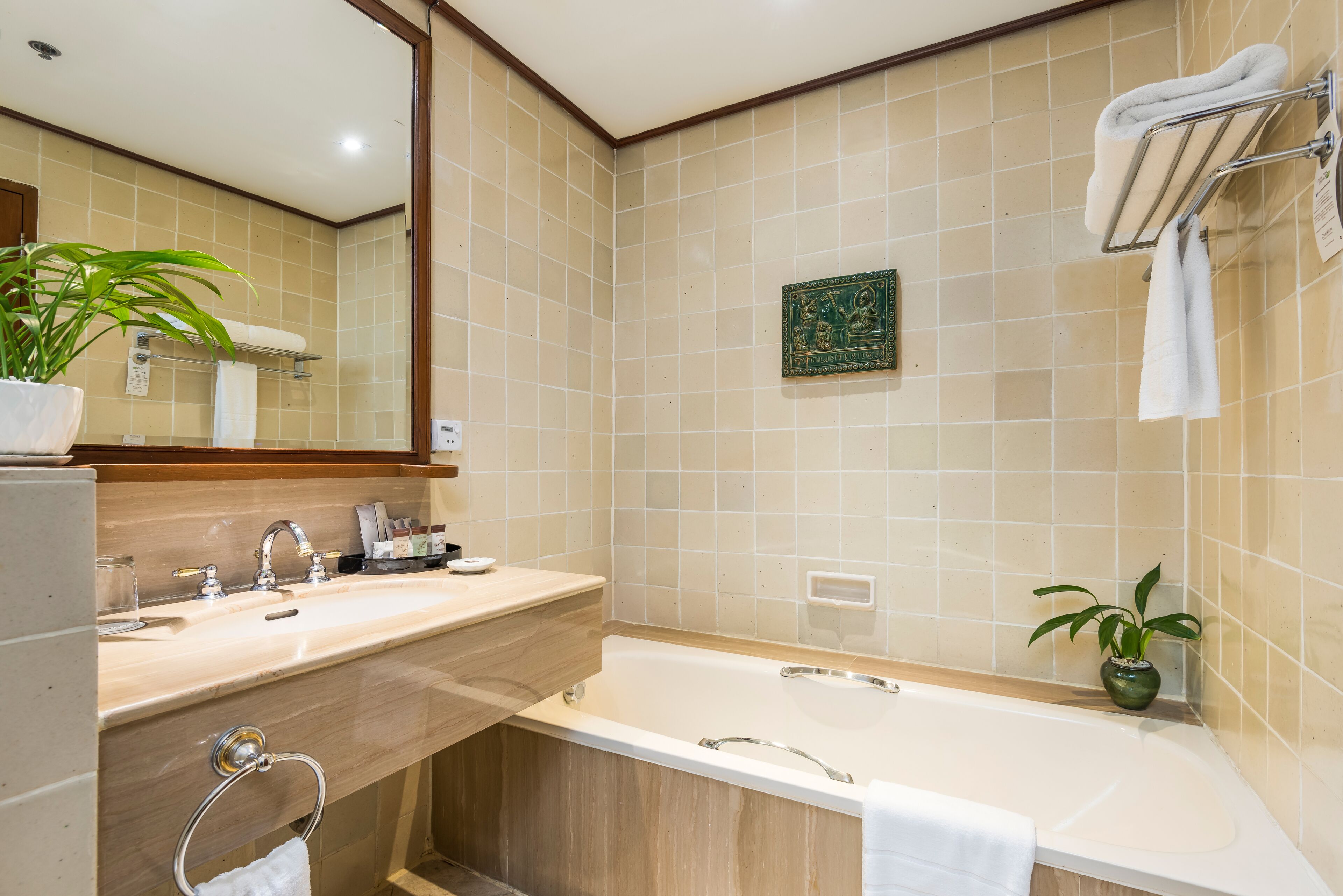 A modern bathroom with a bathtub, a sink with a mirror, and a potted plant.