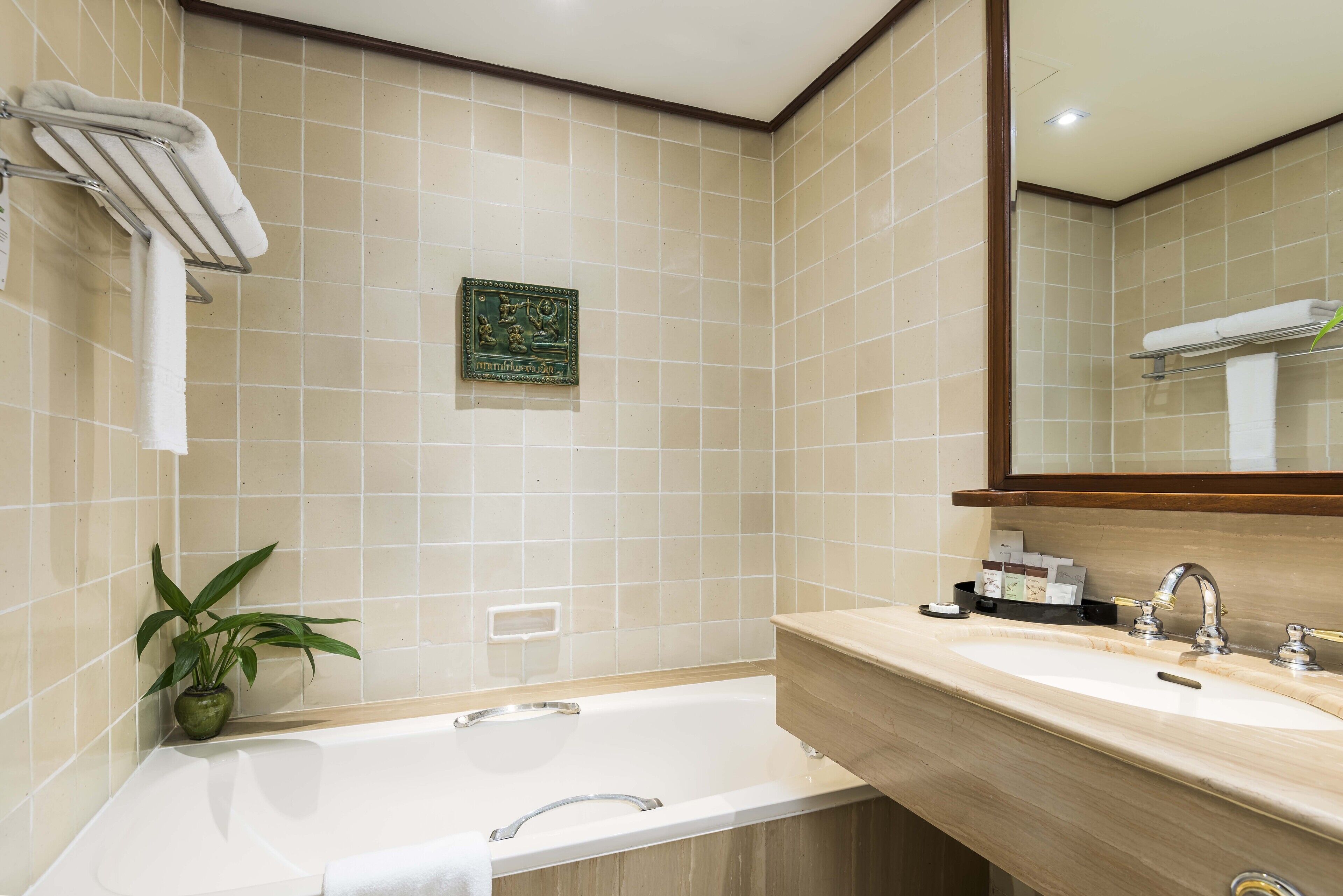 A bathroom with a bathtub, a sink, a mirror, and a potted plant.