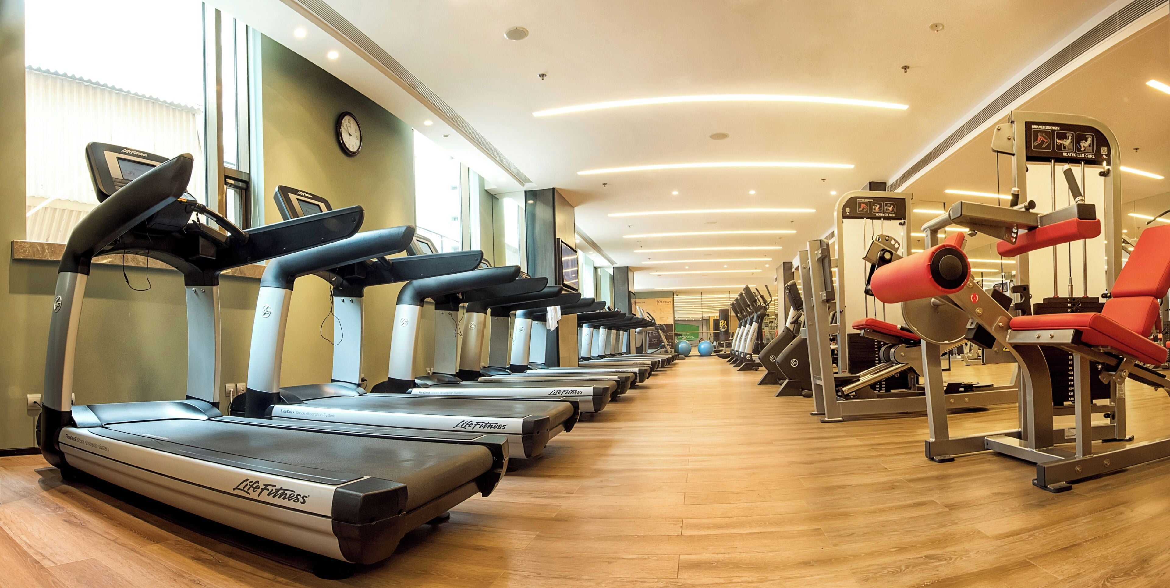 Una palestra con tapis roulant, palle da ginnastica e macchinari per l'allenamento con i pesi.