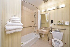 Combined shower/bathtub, free toiletries, hair dryer, towels