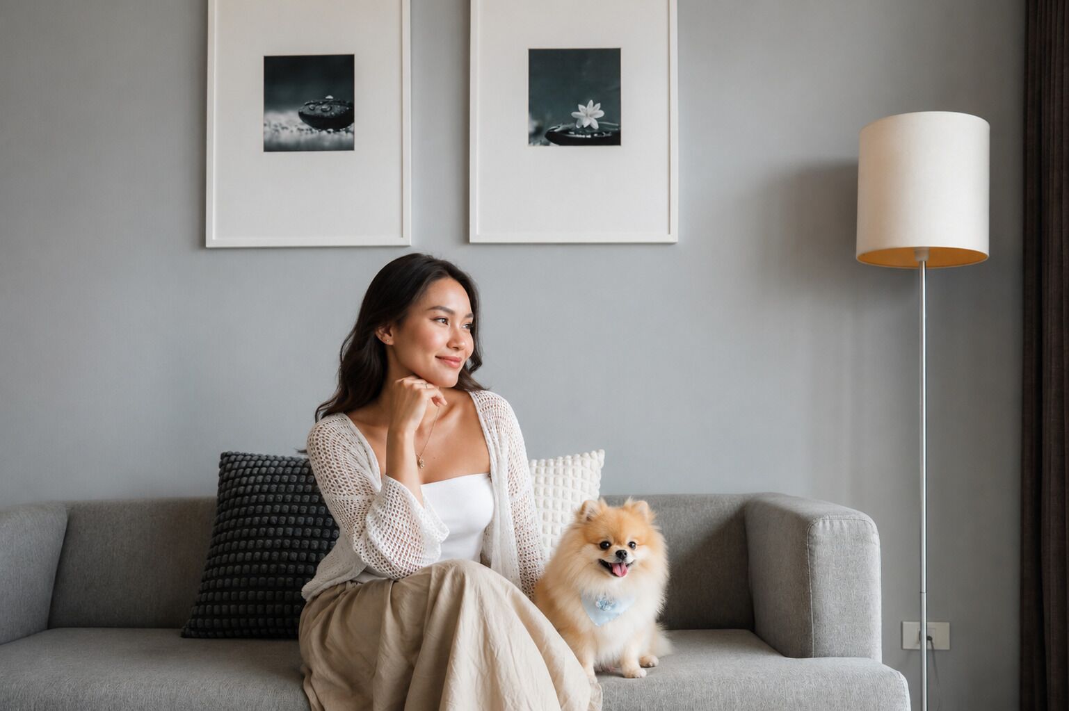 A person sitting on a grey sofa with a small dog, a white lamp, and two framed pictures on the wall.