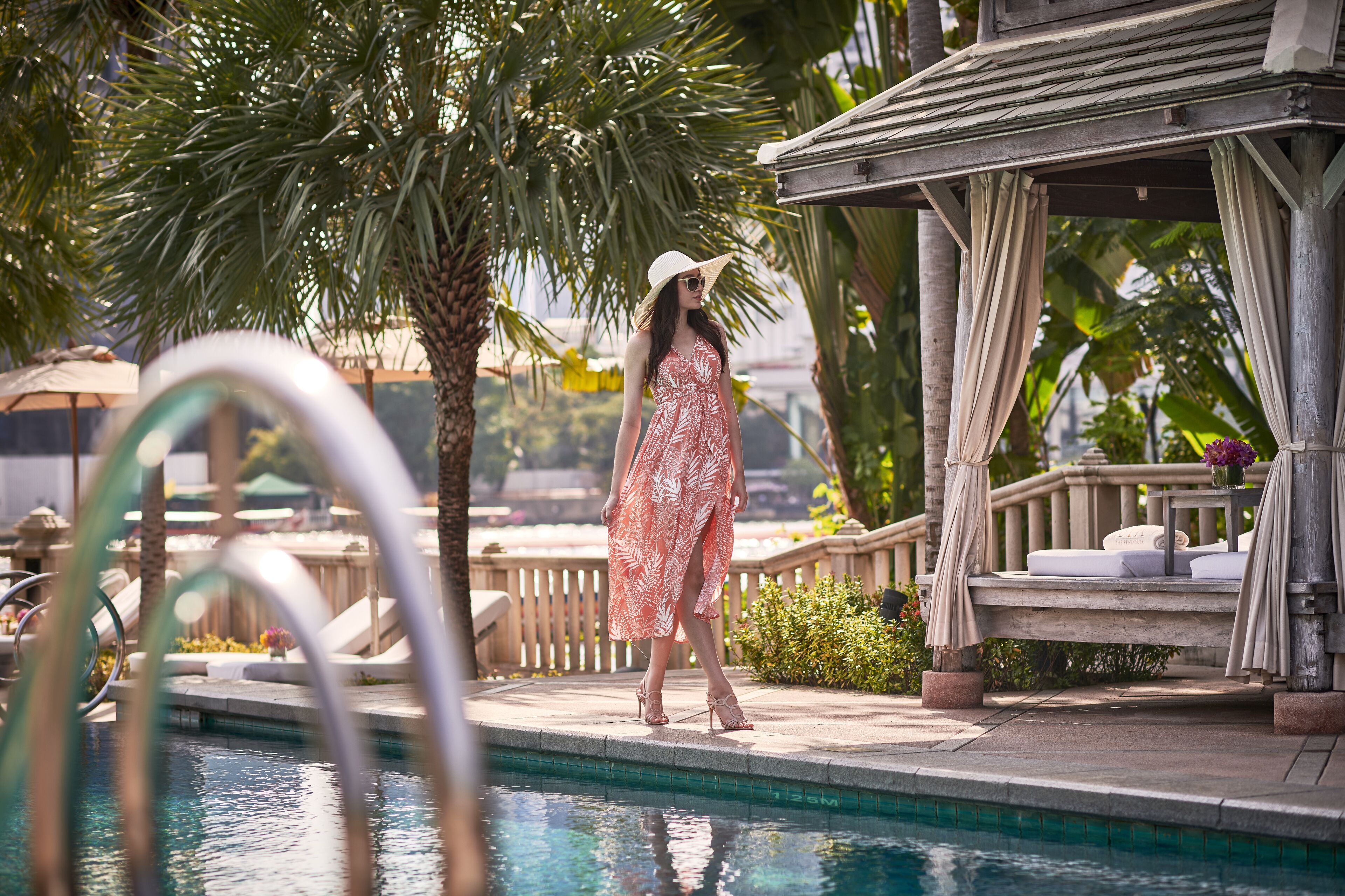 outdoor pool, pool loungers