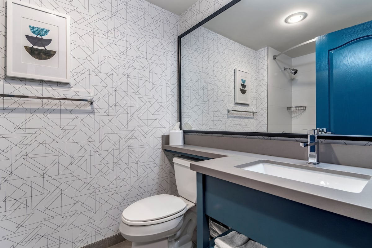 combined shower/bathtub, free toiletries, hair dryer, towels