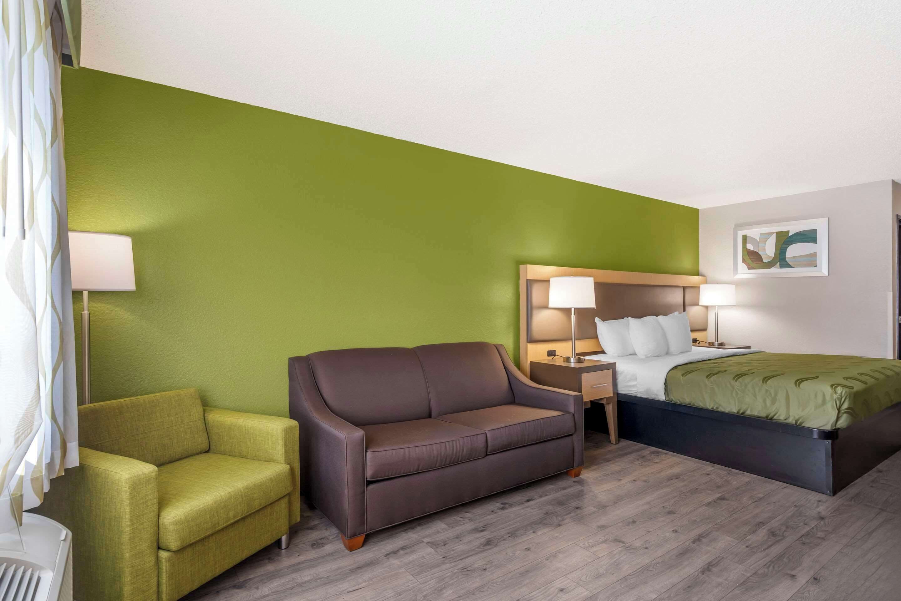 A hotel room with a green accent wall, a brown sofa, a bed with a green bedspread, and a nightstand with a lamp.