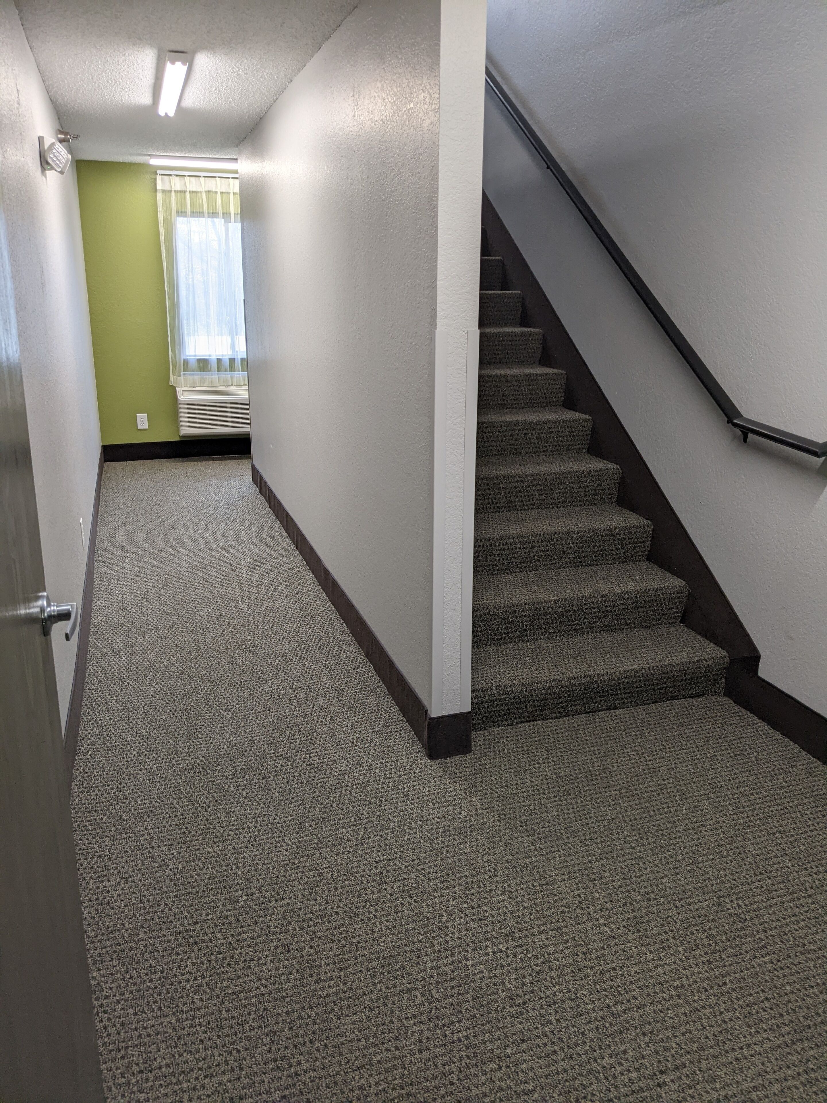 A carpeted hallway with a staircase, a door, and a window with a curtain.