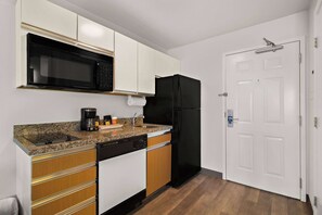 Premium bedding, desk, laptop workspace, blackout curtains