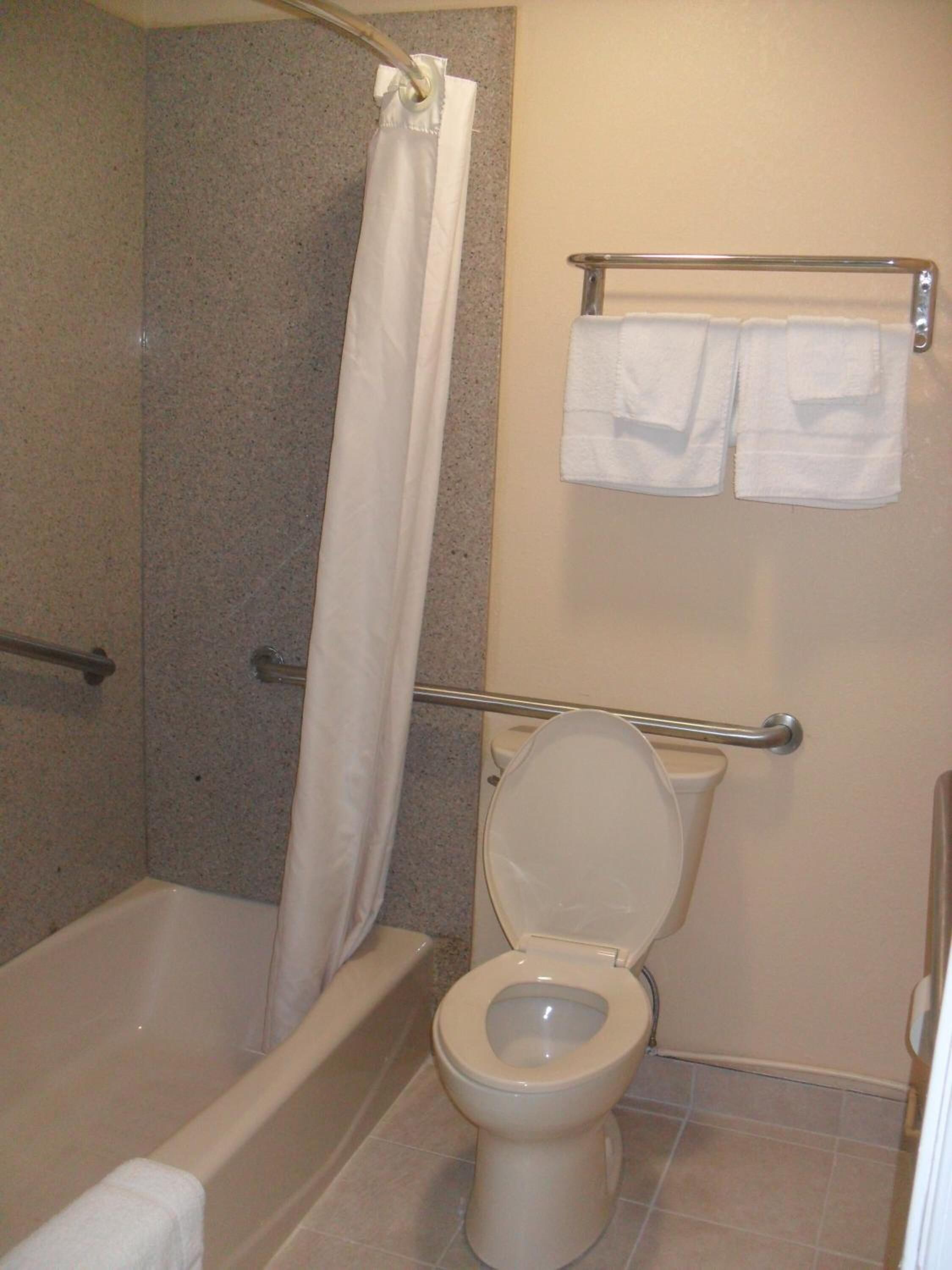 A bathroom with a bathtub, toilet, and shower curtain.
