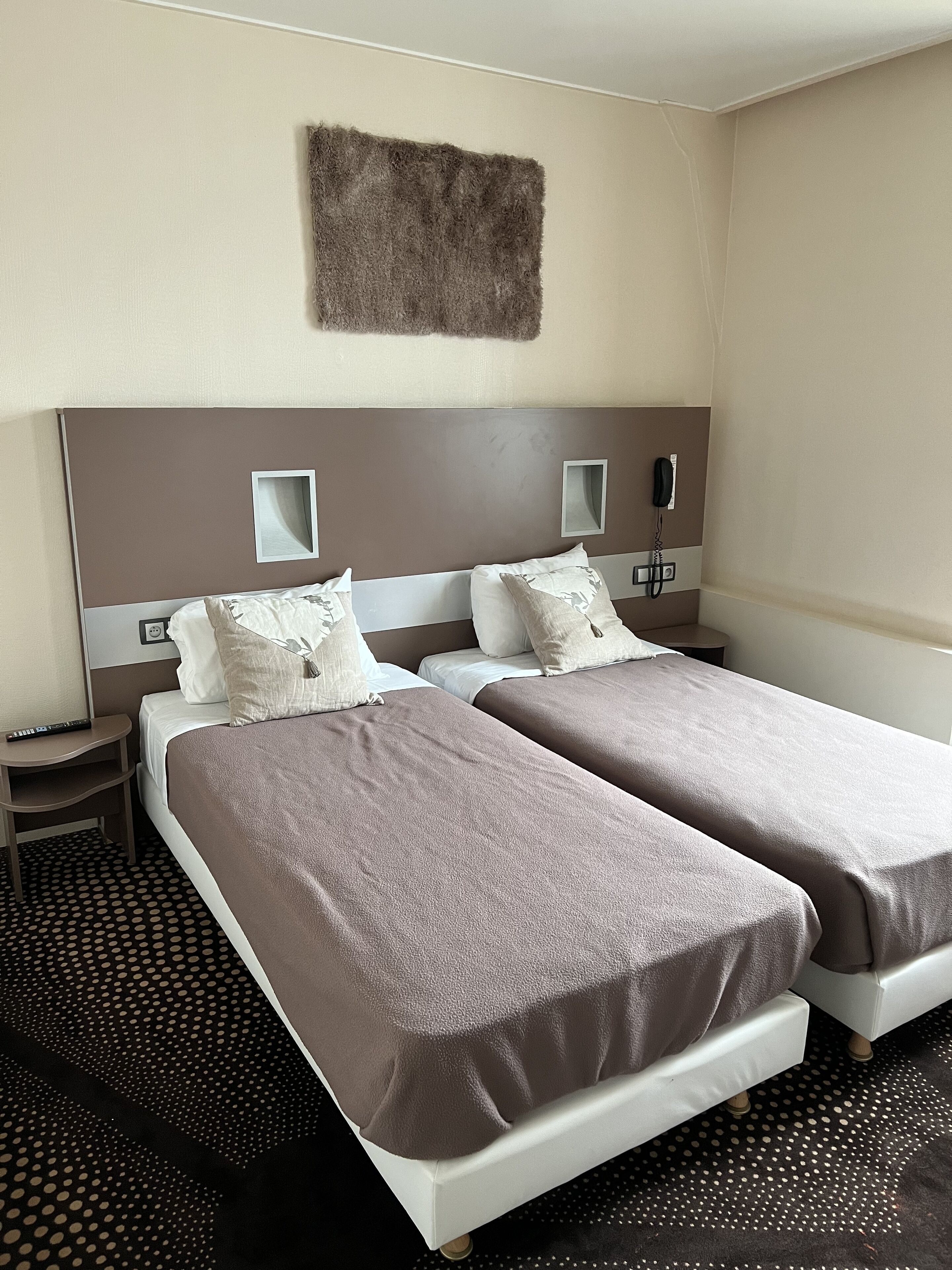 A hotel room with two beds, a small bedside table, a wall-mounted phone, and a decorative fur rug.