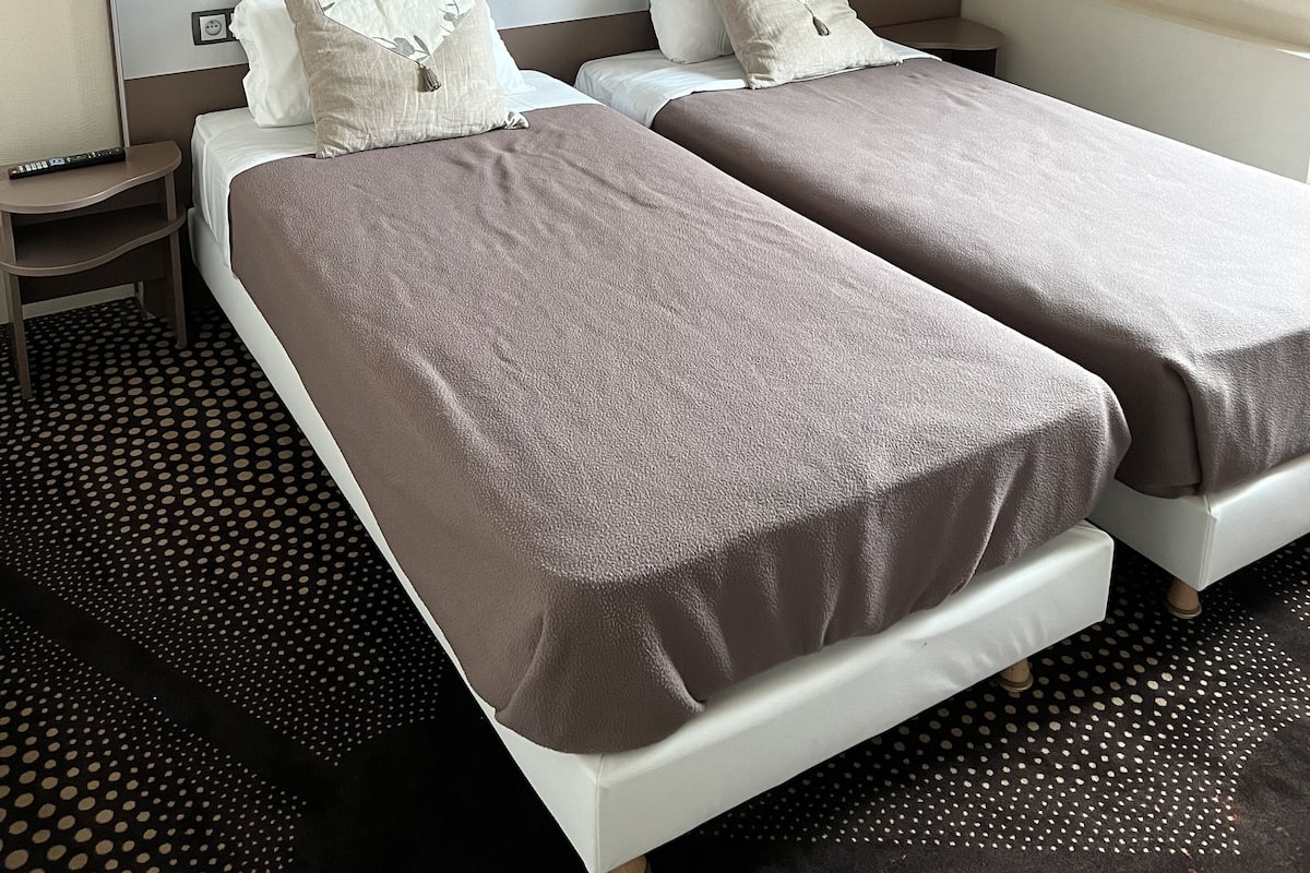 A hotel room with two beds, a small bedside table, a wall-mounted phone, and a decorative fur rug.