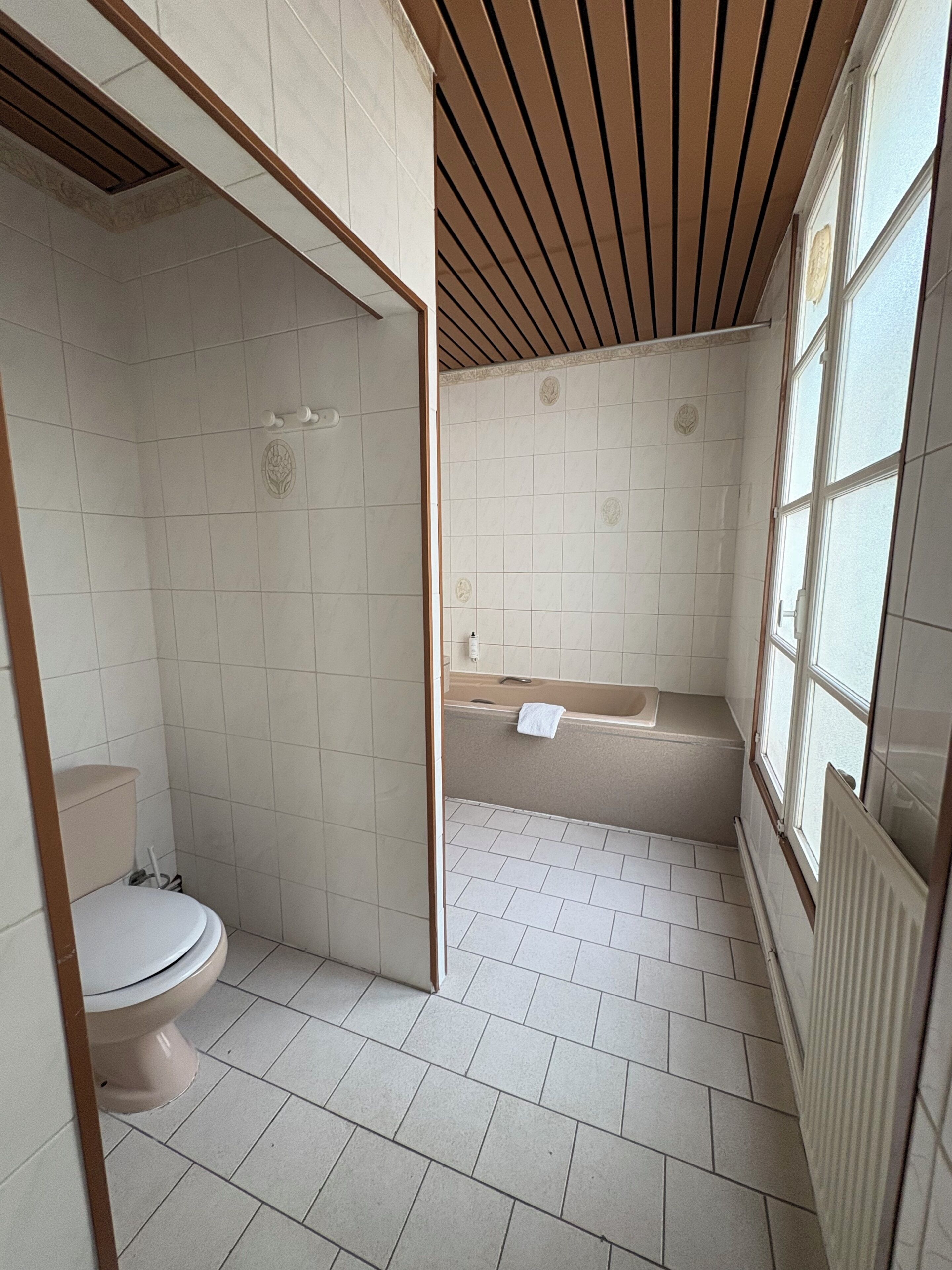 A bathroom with a toilet, a bathtub, and a shower area.