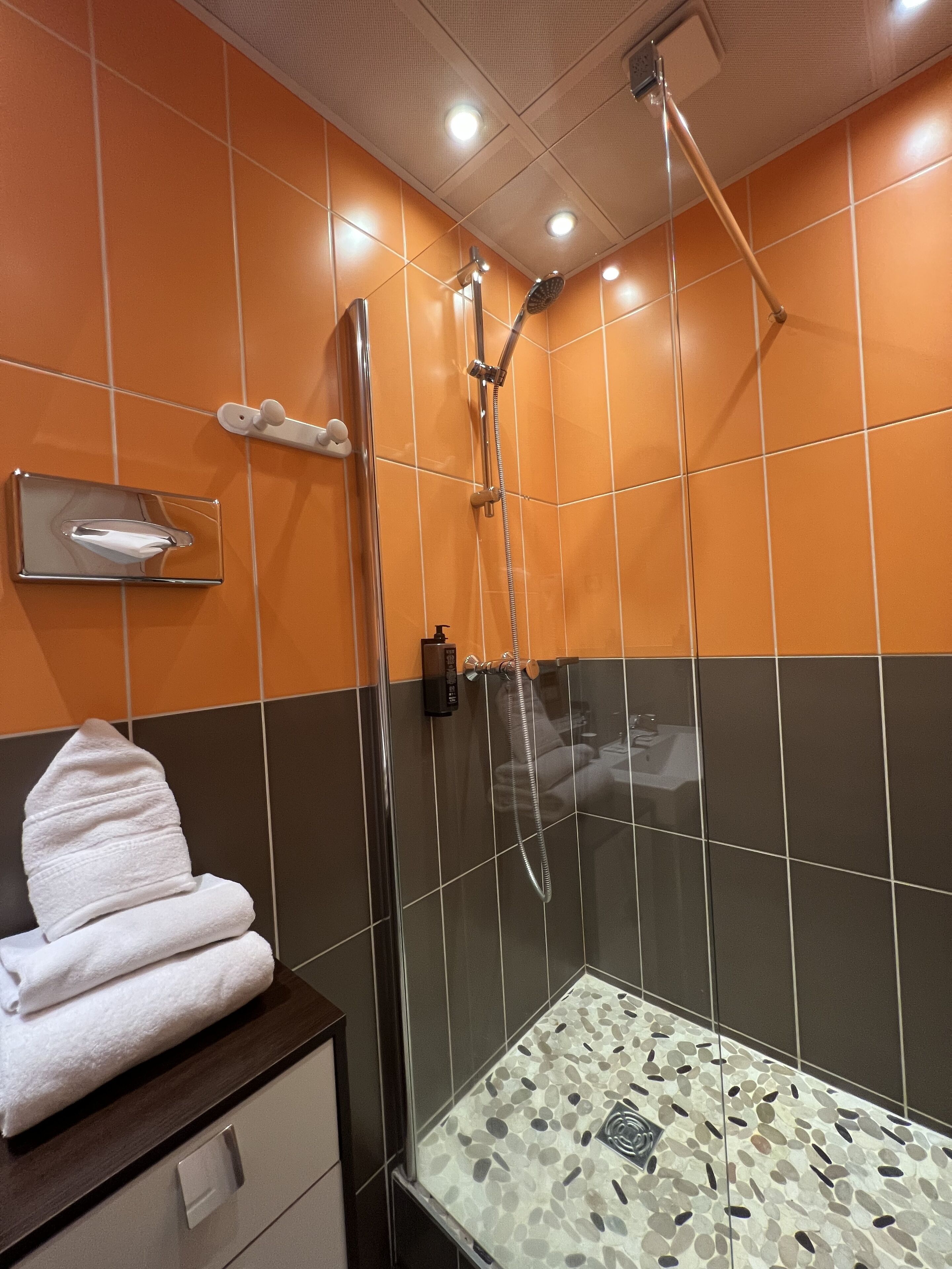 Een badkamer met een douchecabine van glas, een handdoekrek en een wastafel.