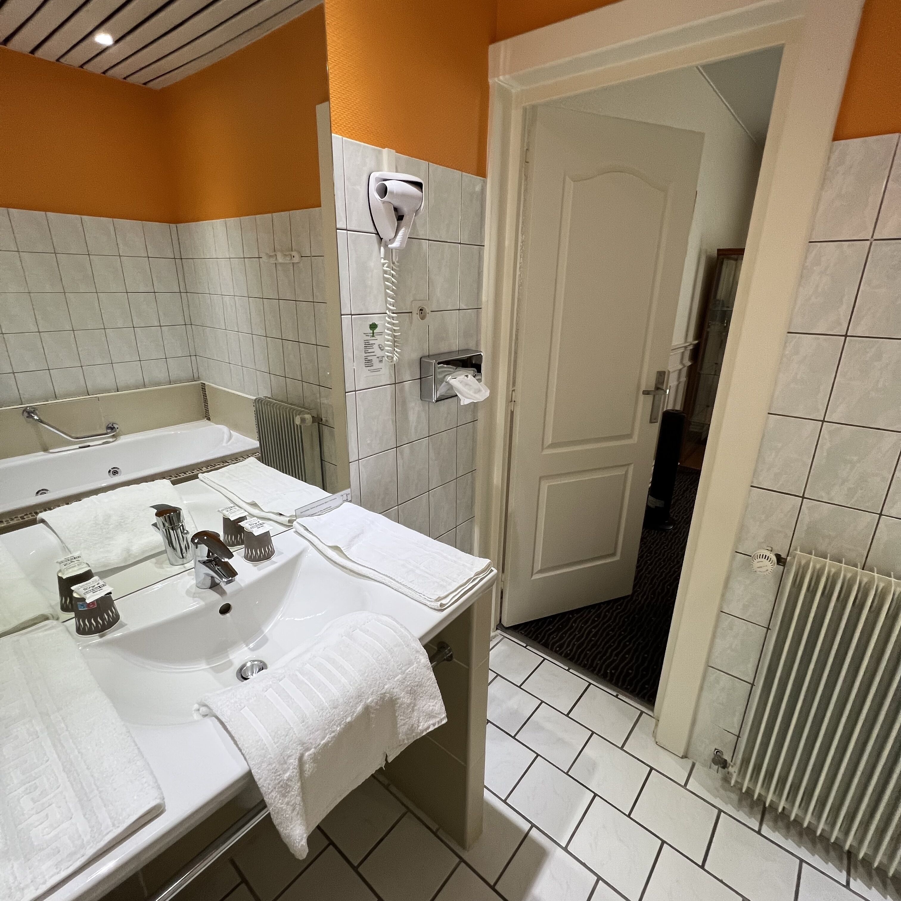 A bathroom with a double sink, a mirror, a towel rack, a hairdryer, and a door leading to another room.