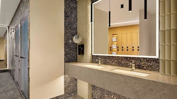 Shower, rainfall showerhead, eco-friendly toiletries, hair dryer