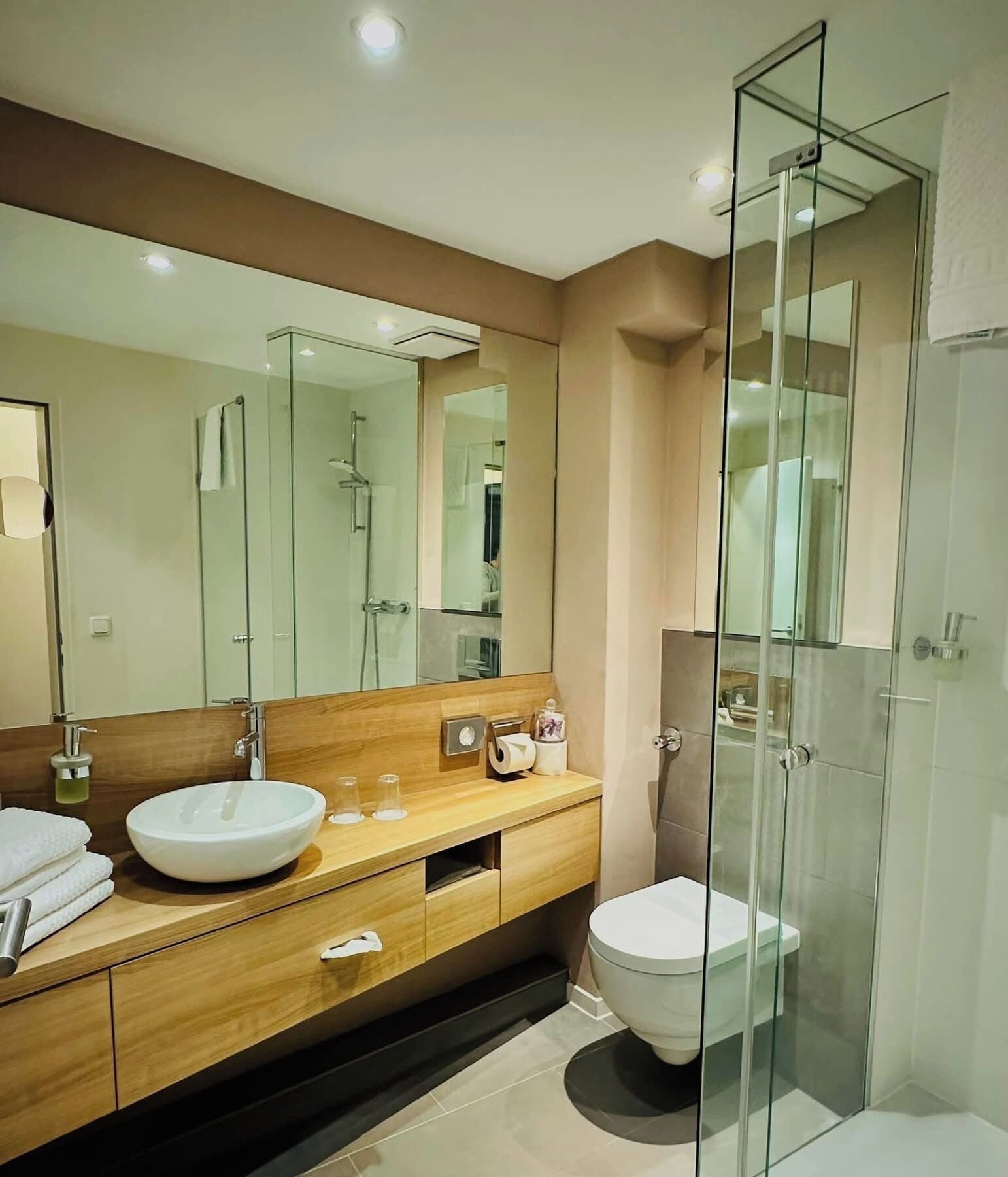 A modern bathroom with a glass-enclosed shower, a wooden vanity with a large sink, and a toilet.
