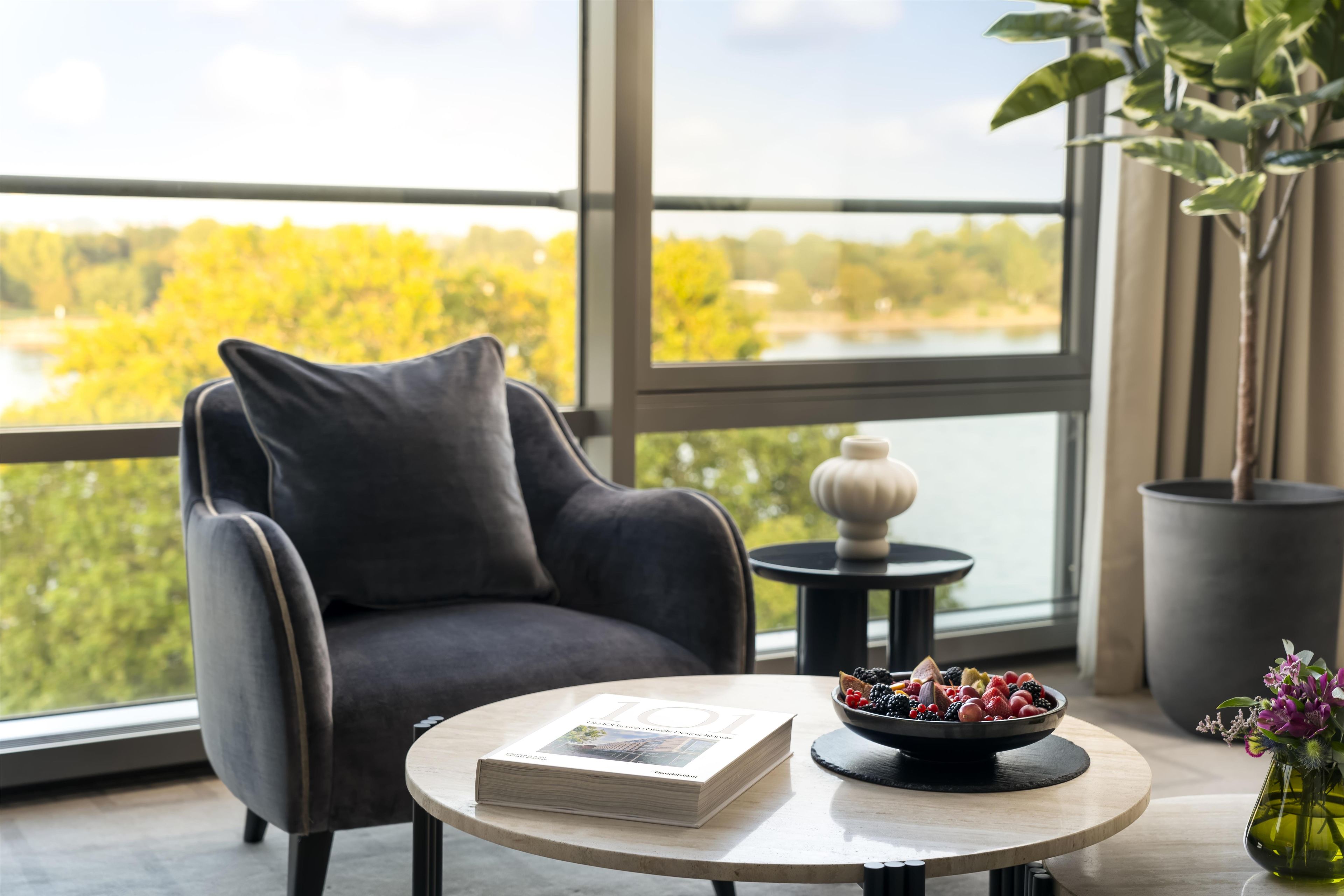 A modern room with a view of a river, a comfortable chair, a small table with a book and a bowl of fruit, and a potted plant.