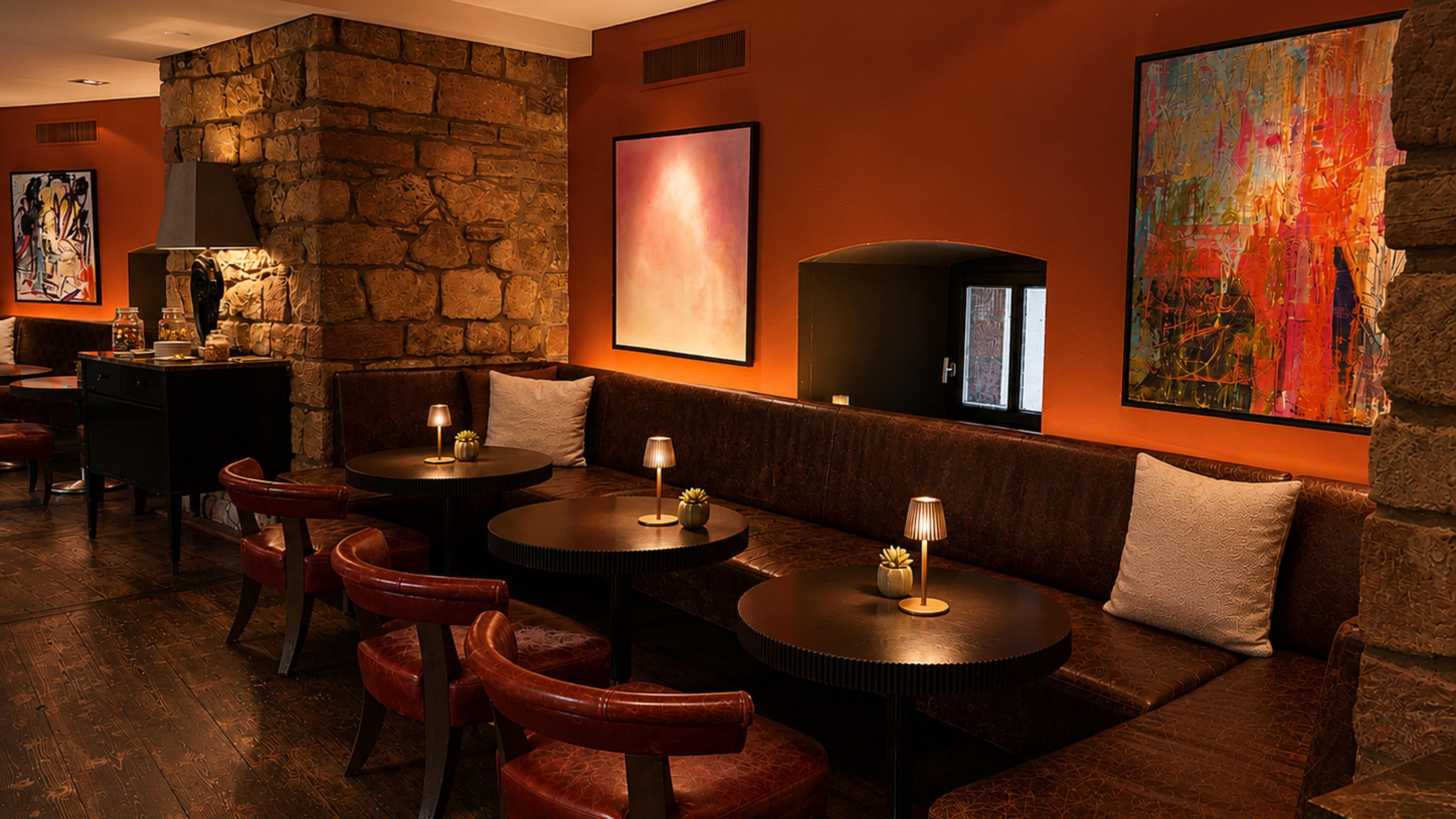 Ein gemütliches Restaurant mit Steinwänden, Ledersitzgelegenheiten und stimmungsvoller Beleuchtung.