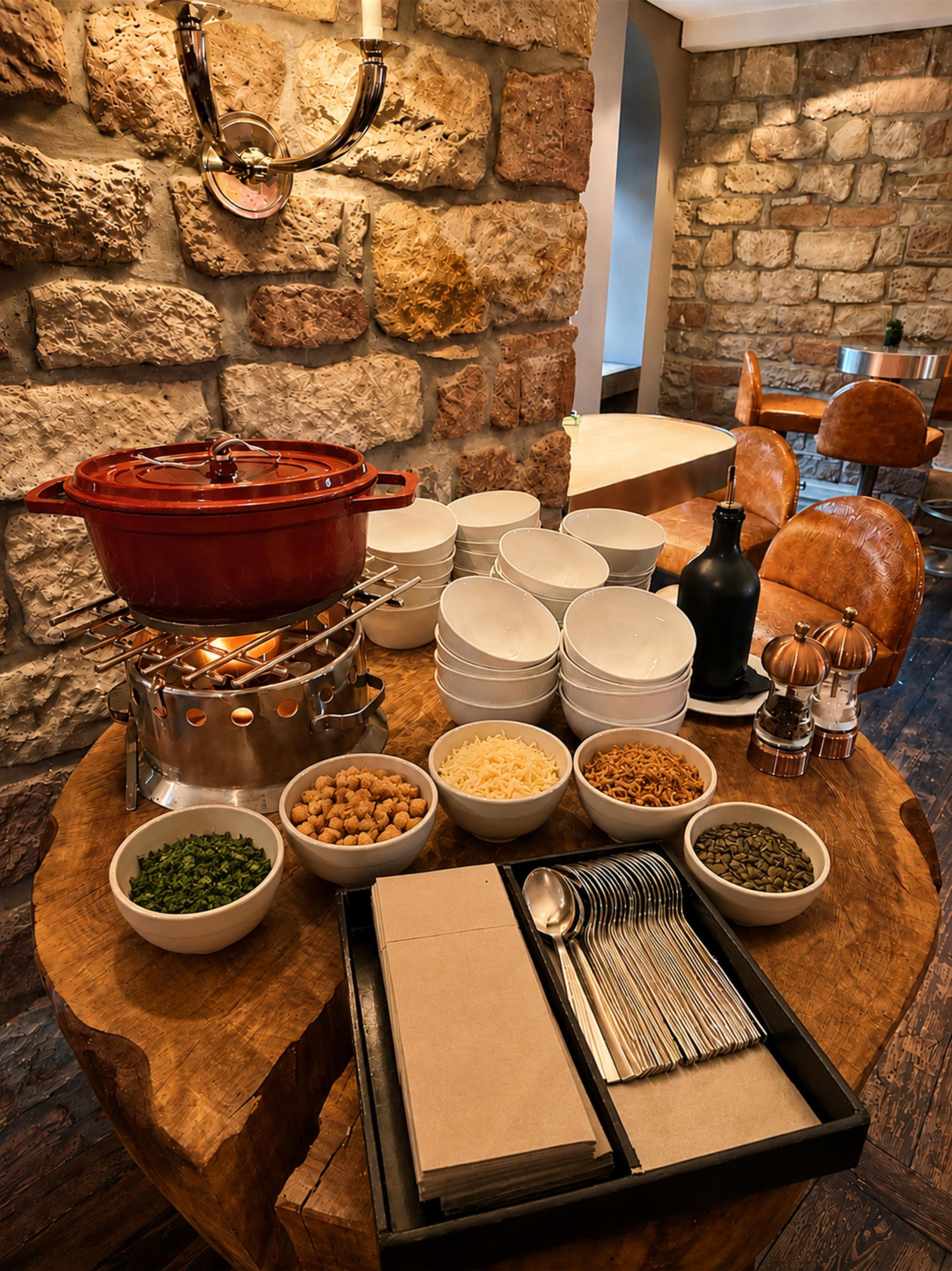 Montaje de bufé con diferentes alimentos y utensilios sobre una mesa de madera, frente a una pared de piedra.