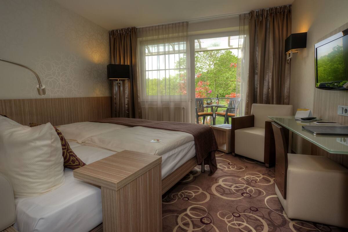 A hotel room with a large bed, a desk, a chair, a TV, and a view of a garden through the window.