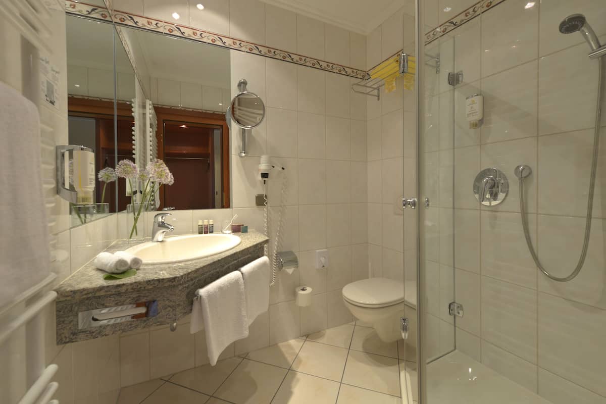 shower, hair dryer, bathrobes, slippers