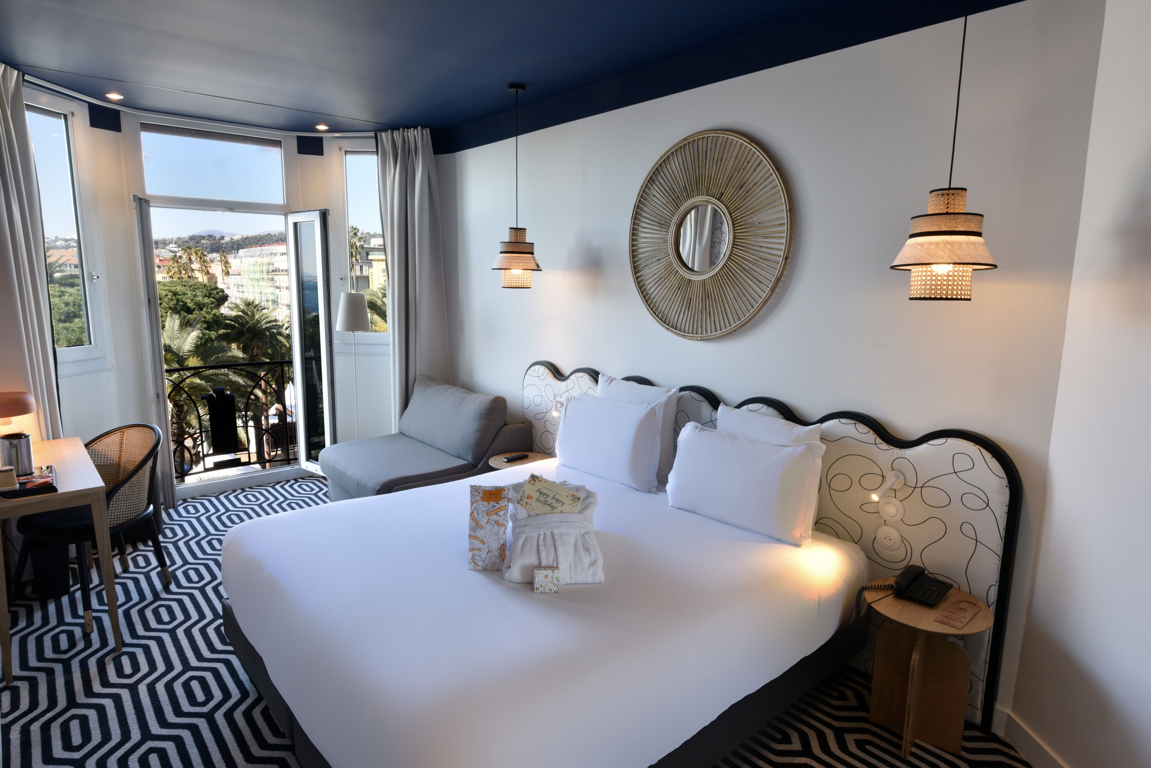 triple room, sea view | in-room safe, desk, laptop workspace, blackout curtains