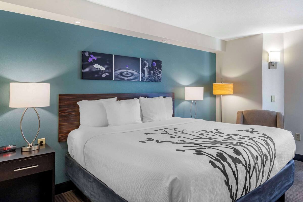 A hotel room with a large bed, two bedside lamps, a nightstand, and a chair.