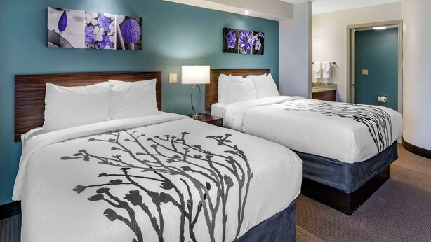 A hotel room with two beds, a nightstand, a lamp, and artwork on the walls.