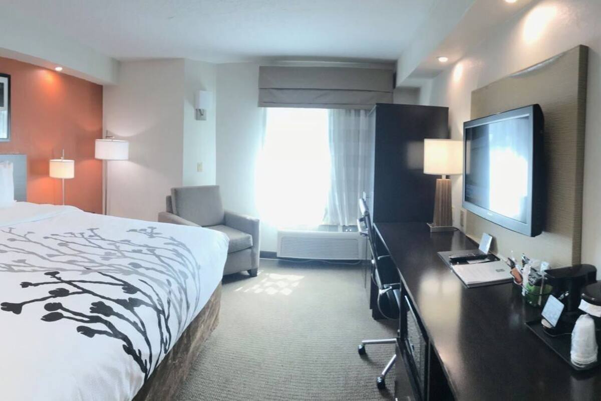 A hotel room with a bed, a desk with a lamp, a TV, and a window.