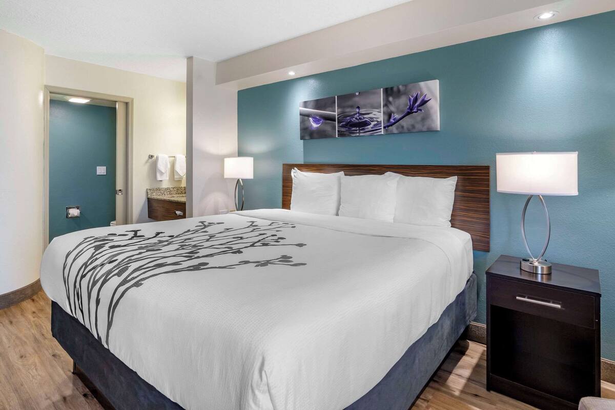 A hotel room with a large bed, two bedside tables with lamps, a wall-mounted artwork, and a door to the bathroom.