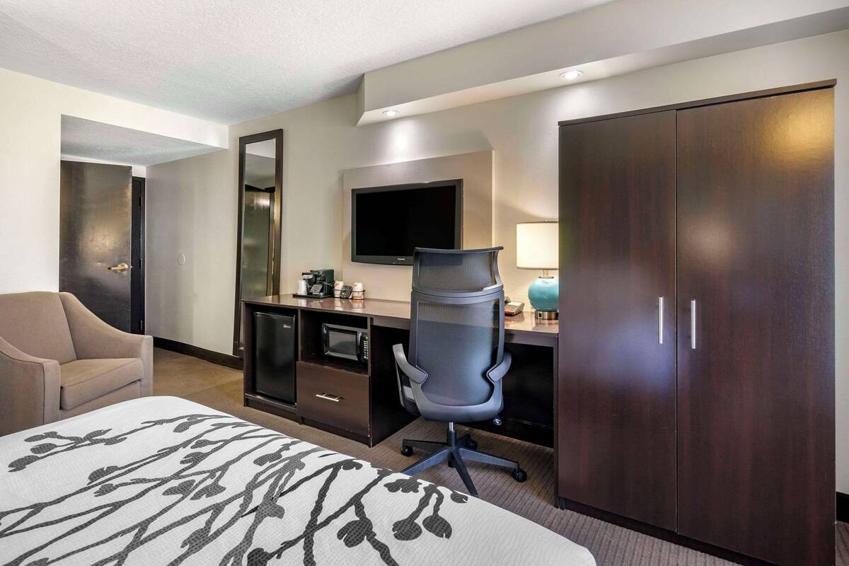 A hotel room with a bed, a desk, a chair, a TV, a wardrobe, and a lamp.