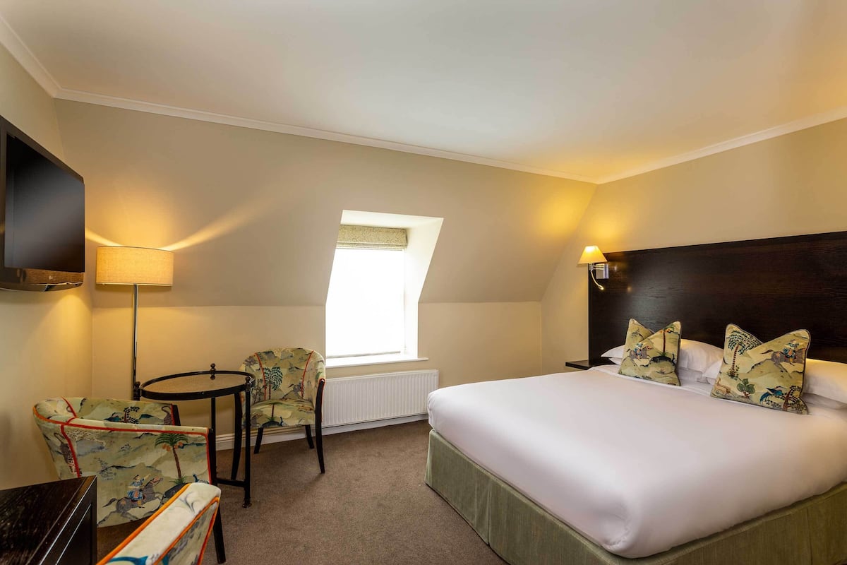 Quarto de hotel com cama, duas cadeiras, uma mesa pequena, televisão e janela com luz natural.