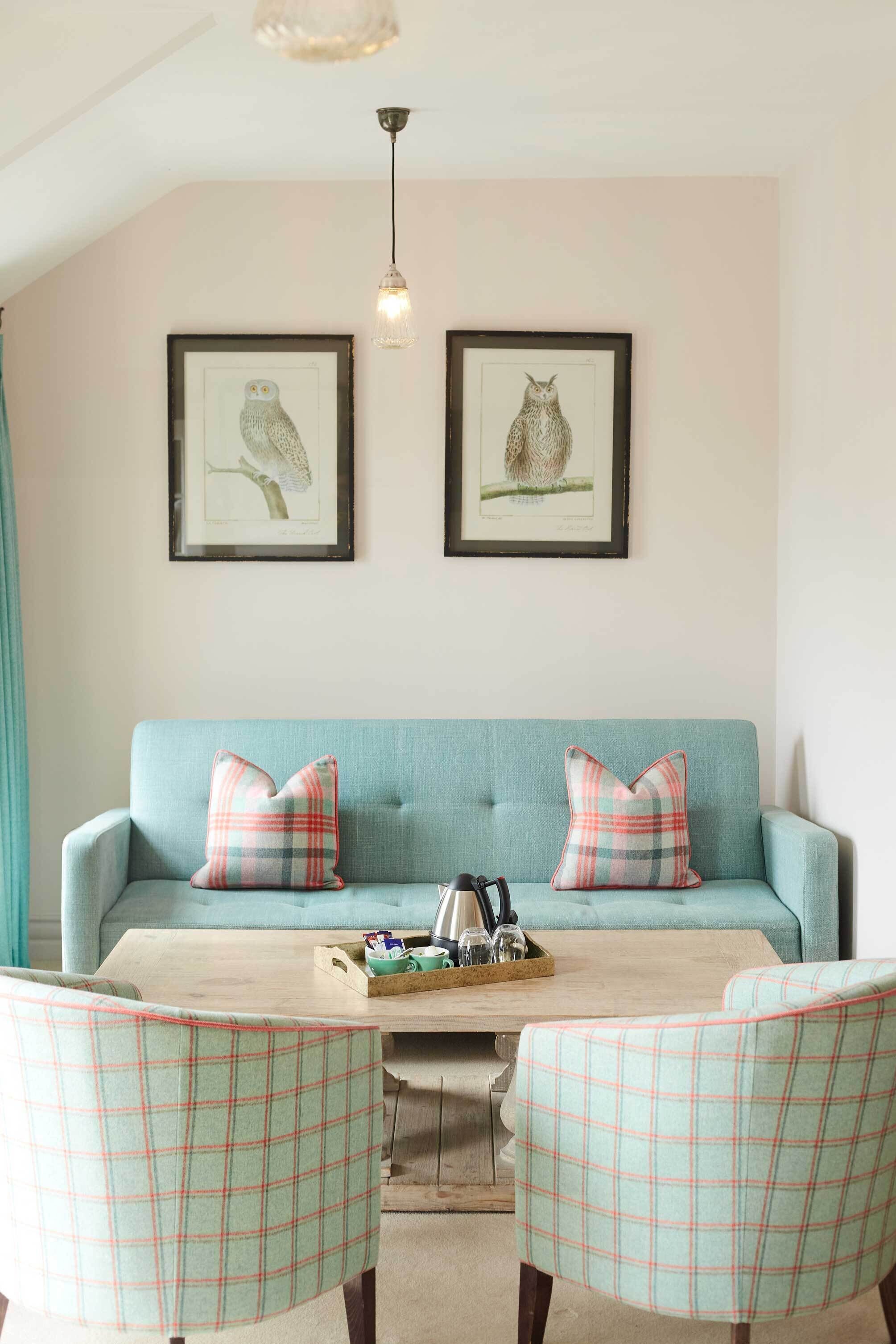A cozy living room with a teal sofa, matching plaid cushions, and two framed owl pictures on the wall.