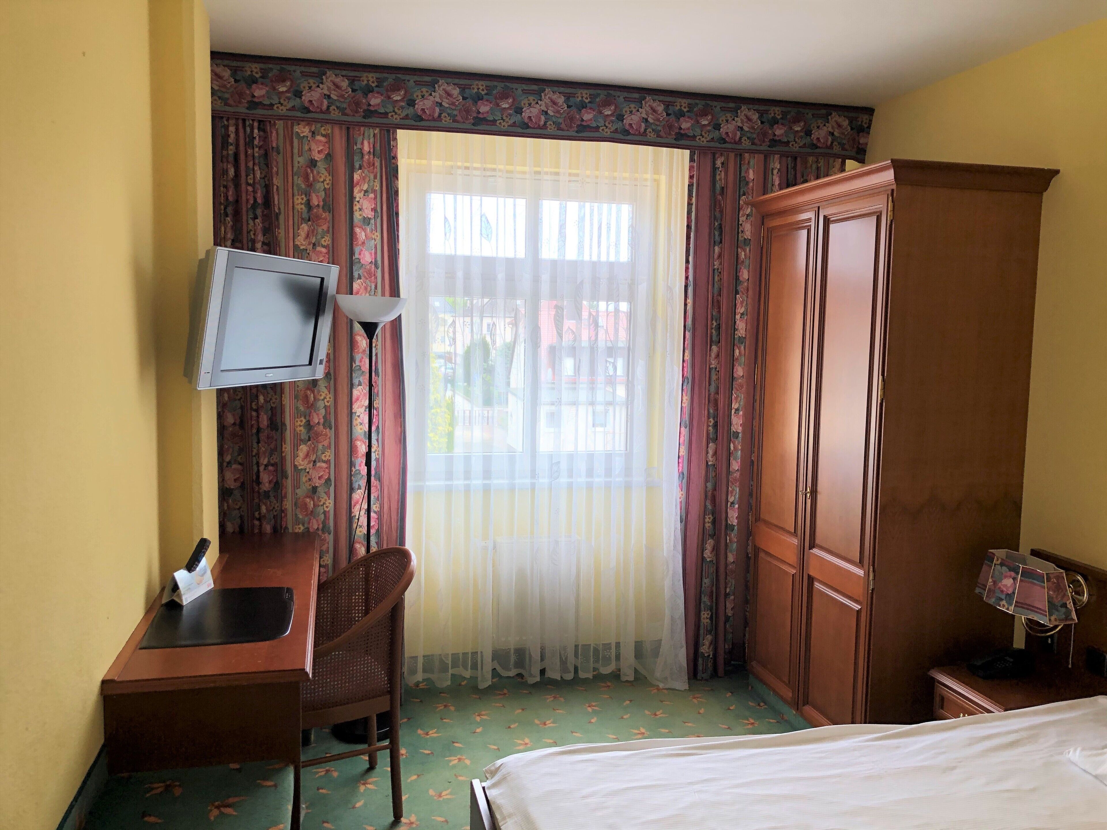 single room | desk, laptop workspace, blackout curtains, iron/ironing board