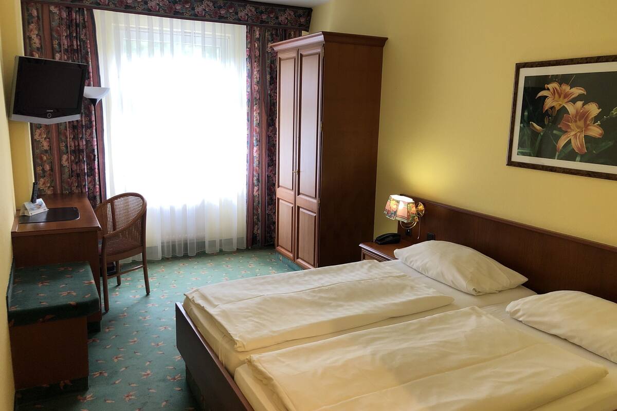 double room | desk, laptop workspace, blackout curtains, iron/ironing board