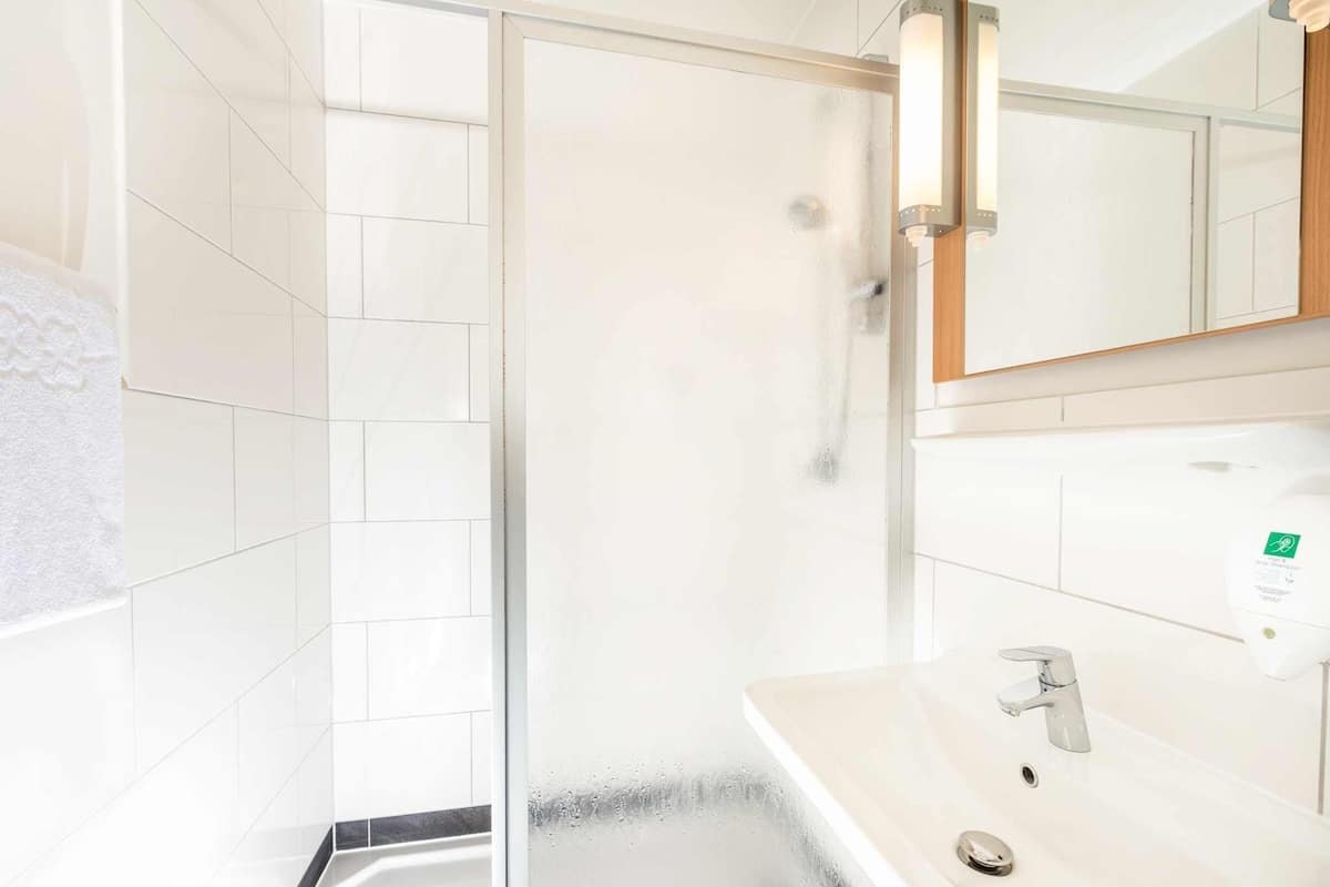 Shower, eco-friendly toiletries, hair dryer, towels