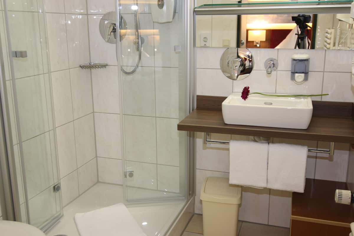 shower, free toiletries, hair dryer, towels