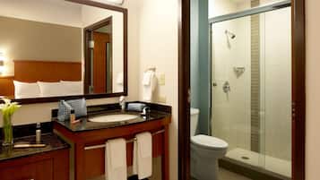 A hotel bathroom with a sink, mirror, and toilet.