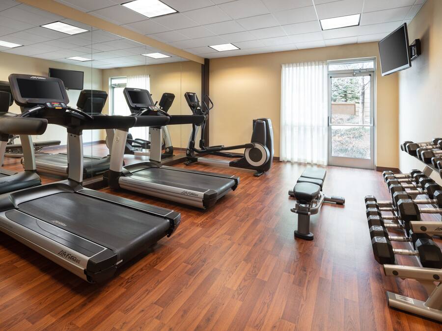 Una palestra con tapis roulant, ellittiche e manubri.
