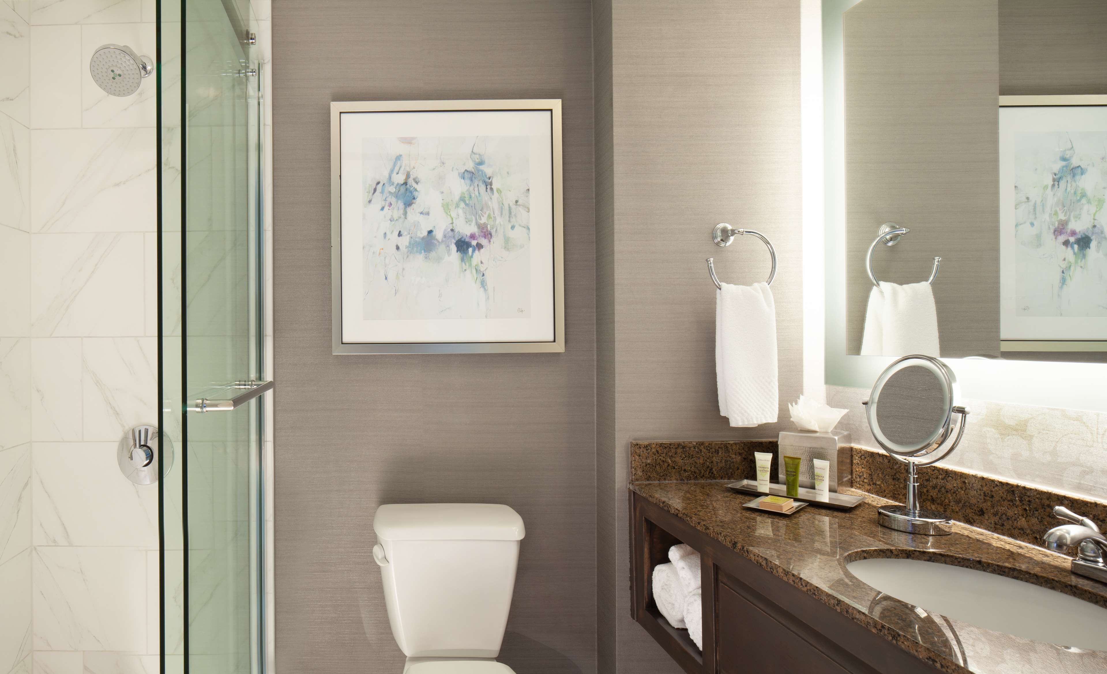 designer toiletries, hair dryer, towels