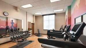 Un gimnasio con cintas de correr, mancuernas y máquinas de ejercicio.