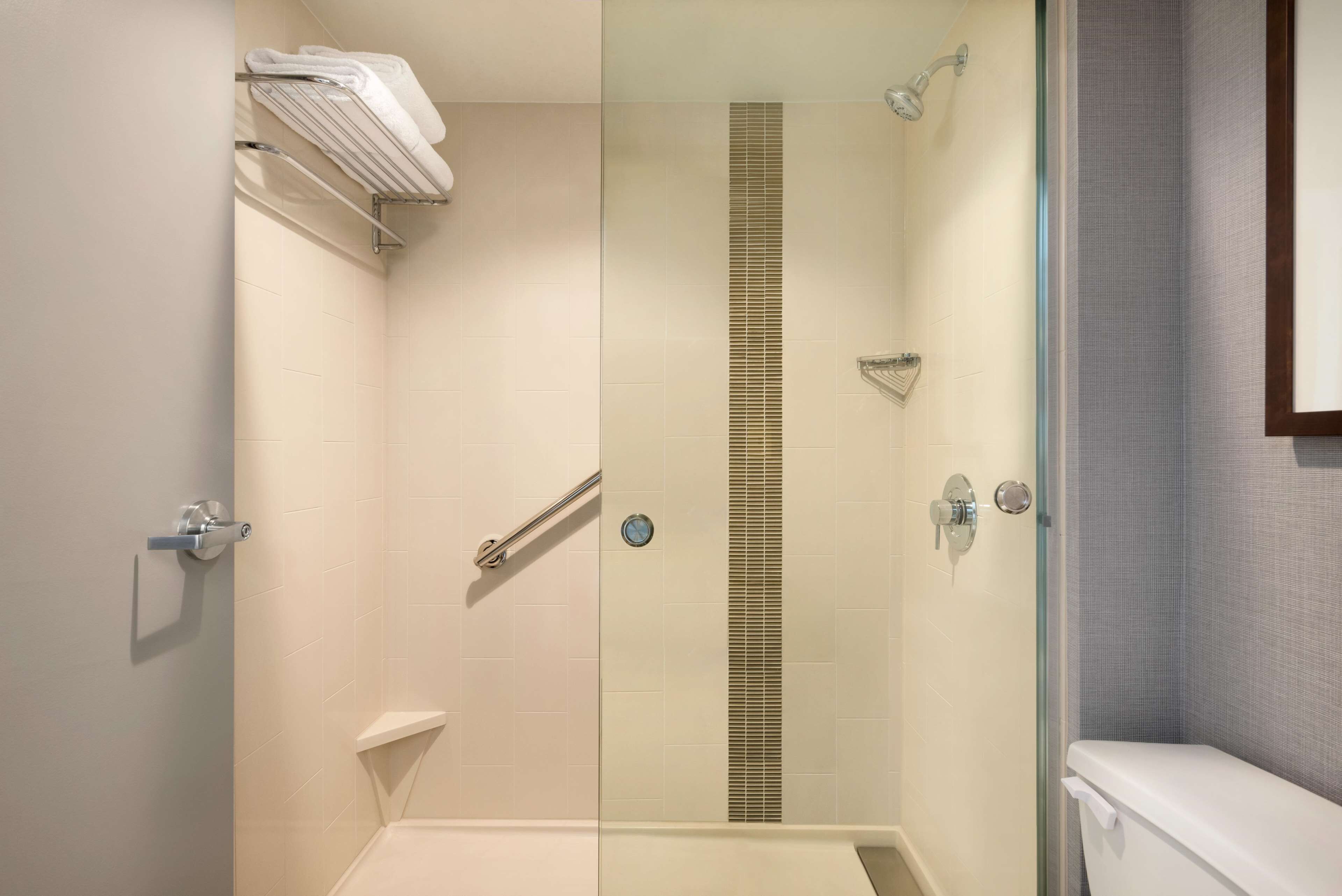 combined shower/bathtub, designer toiletries, hair dryer, towels