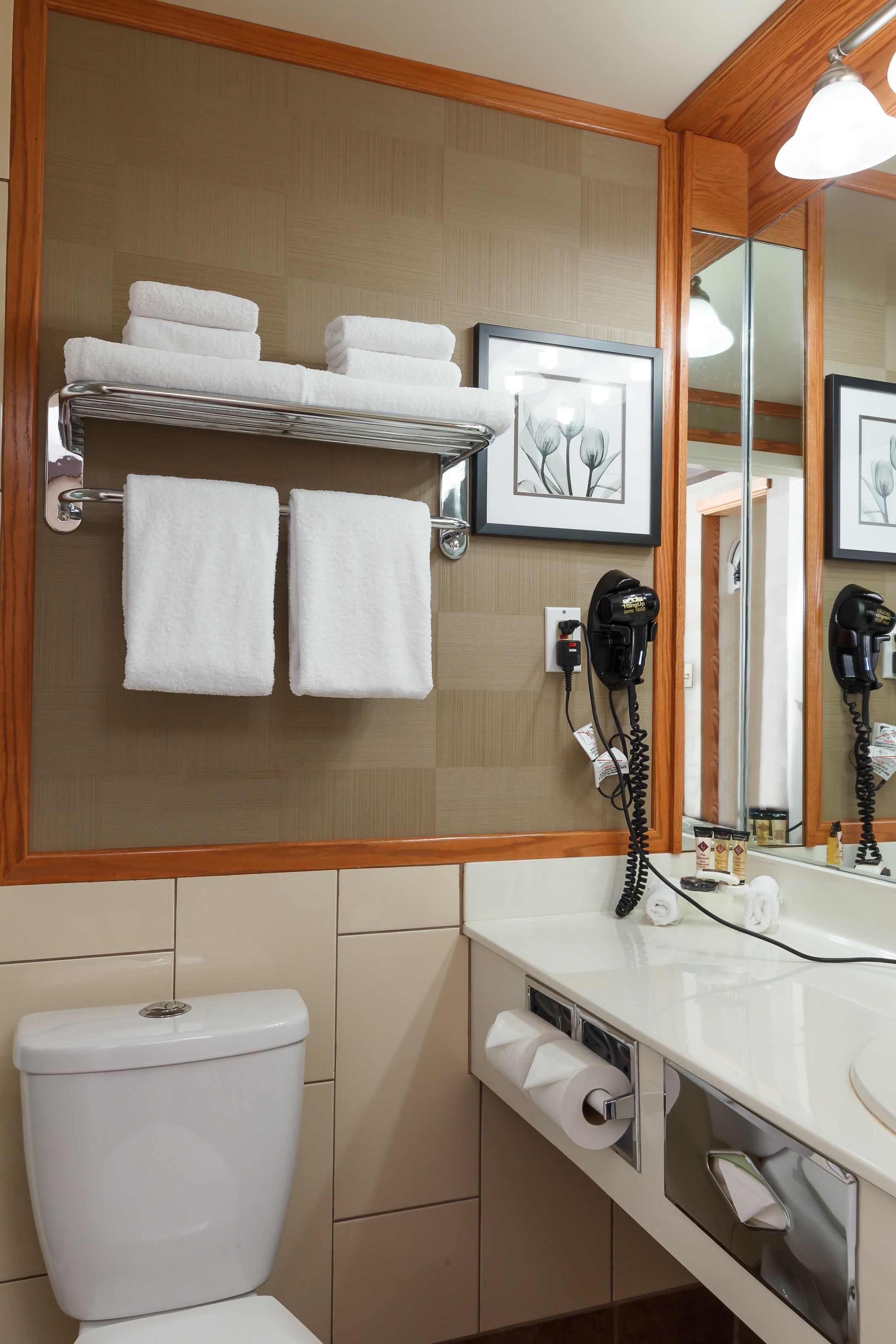 A bathroom with a toilet, a sink with a mirror, a towel rack with towels, and a hairdryer on the wall.