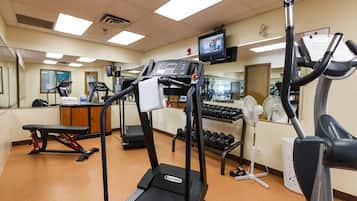 A gym with treadmills, a bench, dumbbells, and a TV on the wall.